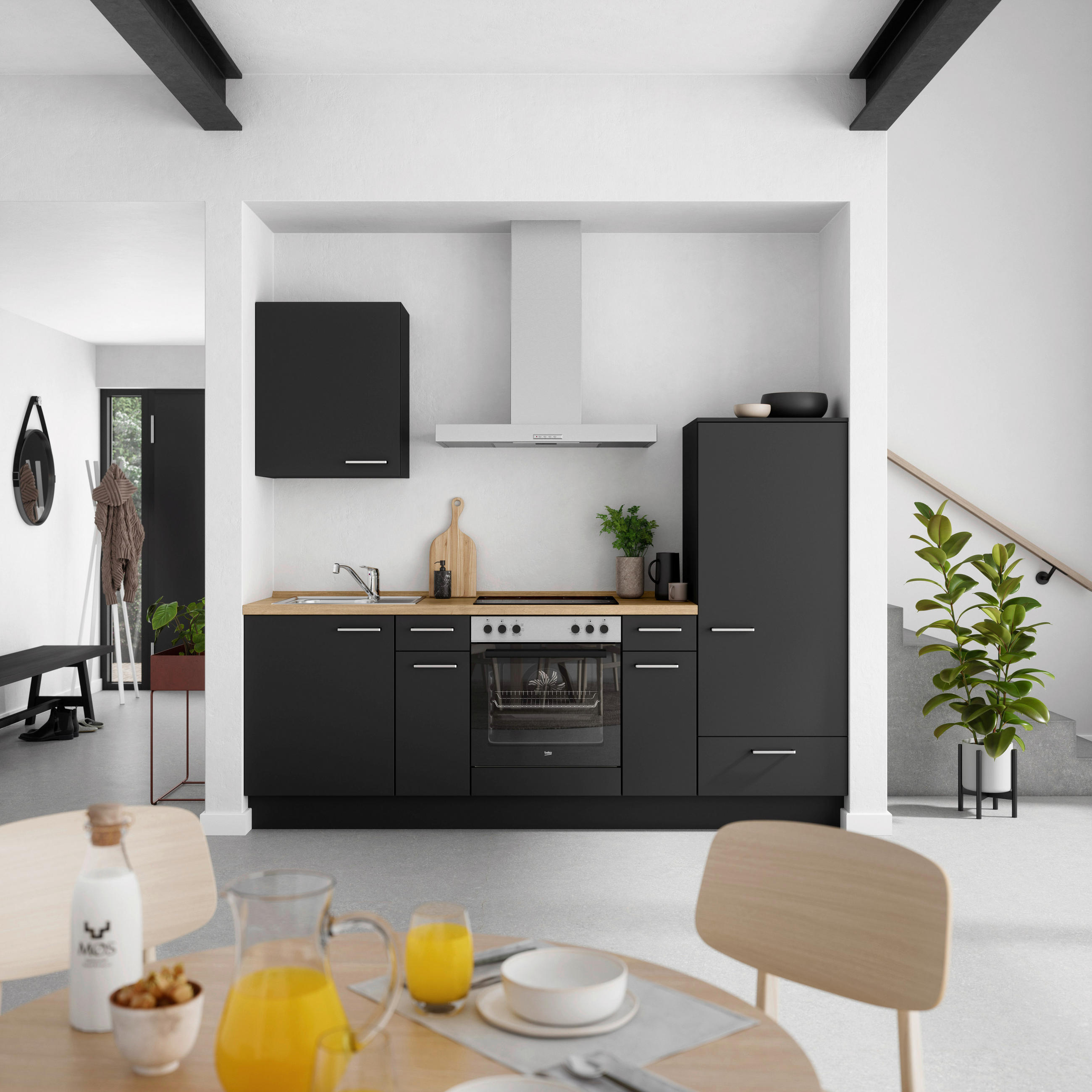KÜCHENLEERBLOCK 240 cm   in Schwarz, Eichefarben  - Edelstahlfarben/Eichefarben, MODERN, Holzwerkstoff/Metall (240cm) - Nobilia