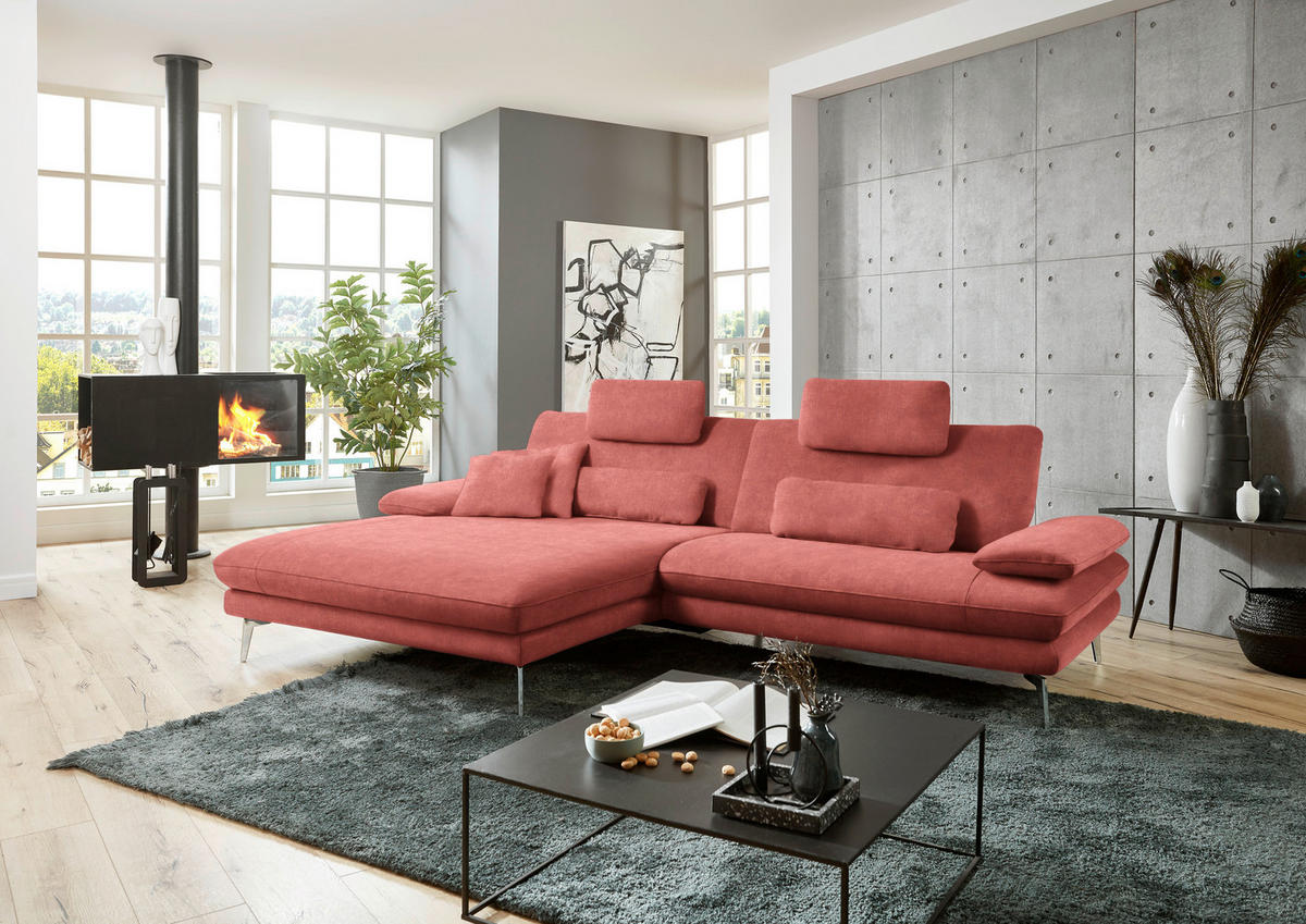 ECKSOFA in Velours Koralle  184/284 cm  - Koralle/Schwarz, Design, Textil/Metall (184/284cm) - Dieter Knoll