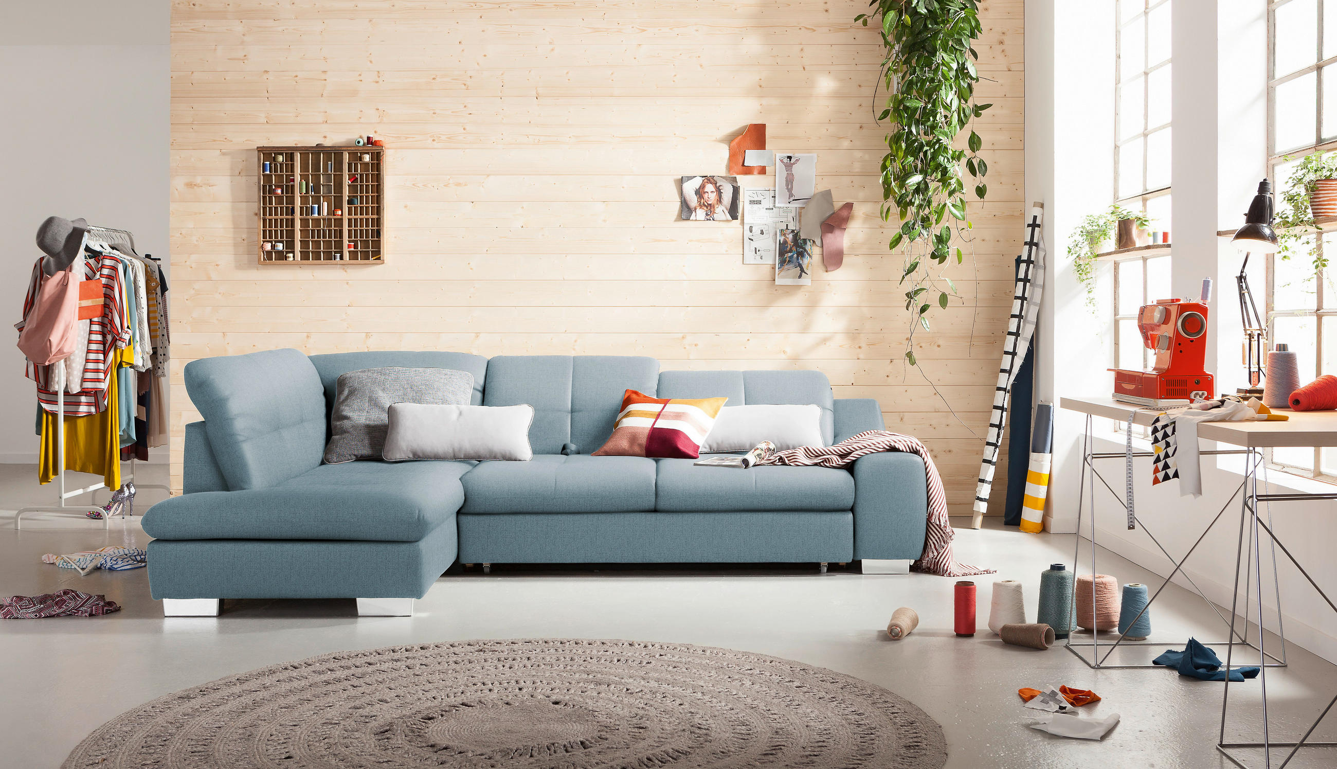 ECKSOFA Hellblau Flachgewebe  - Chromfarben/Hellblau, Design, Kunststoff/Textil (212/292cm) - SetOne by Musterring