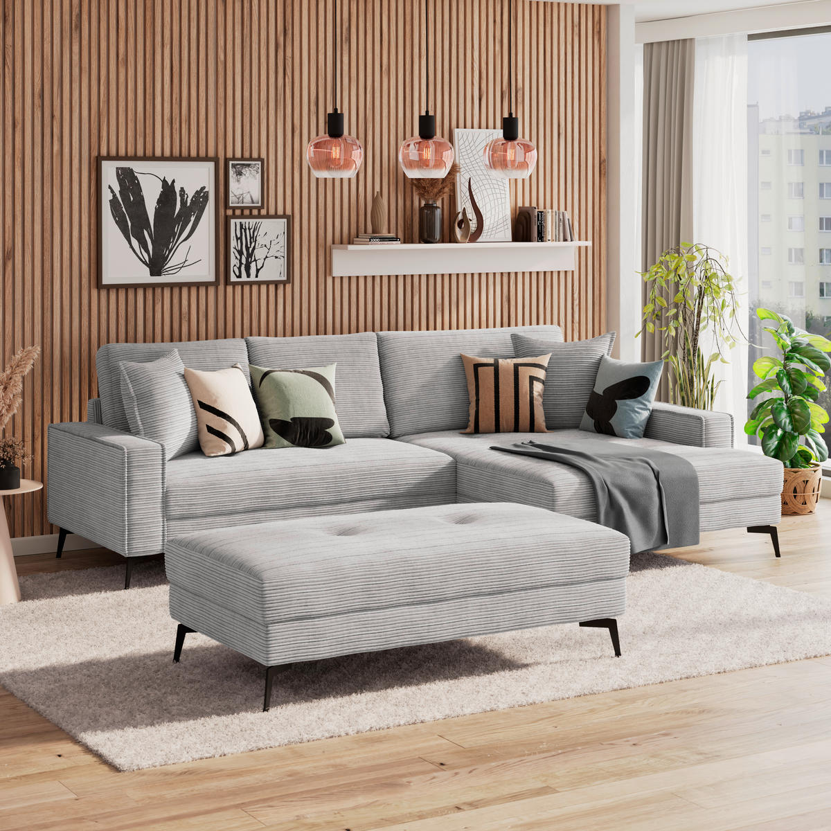 ECKSOFA ZERO Hellgrau Cord Zierkissen, Rückenkissen  - Hellgrau/Schwarz, Trend, Textil/Metall (286/173cm) - Livetastic