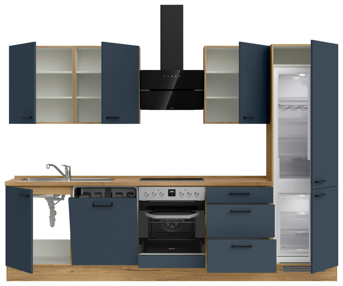 KÜCHENBLOCK Easytouch 300 cm  in Eichefarben, Dunkelblau  - Eichefarben/Schwarz, MODERN, Holzwerkstoff/Metall (300cm) - Nobilia