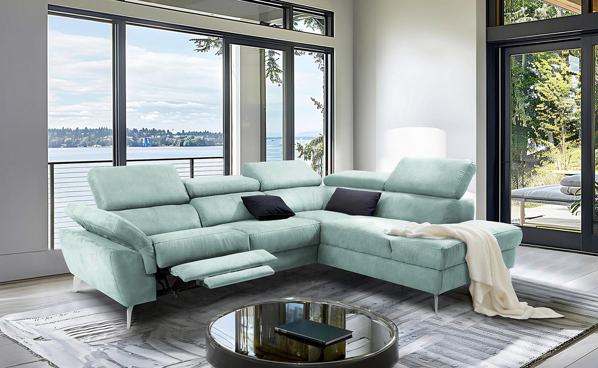 ECKSOFA SONO in Lederlook Hellblau Armteilverstellung, Kopfteilverstellung  265/210 cm  - Chromfarben/Hellblau, Design, Textil/Metall (265/210cm) - Livetastic