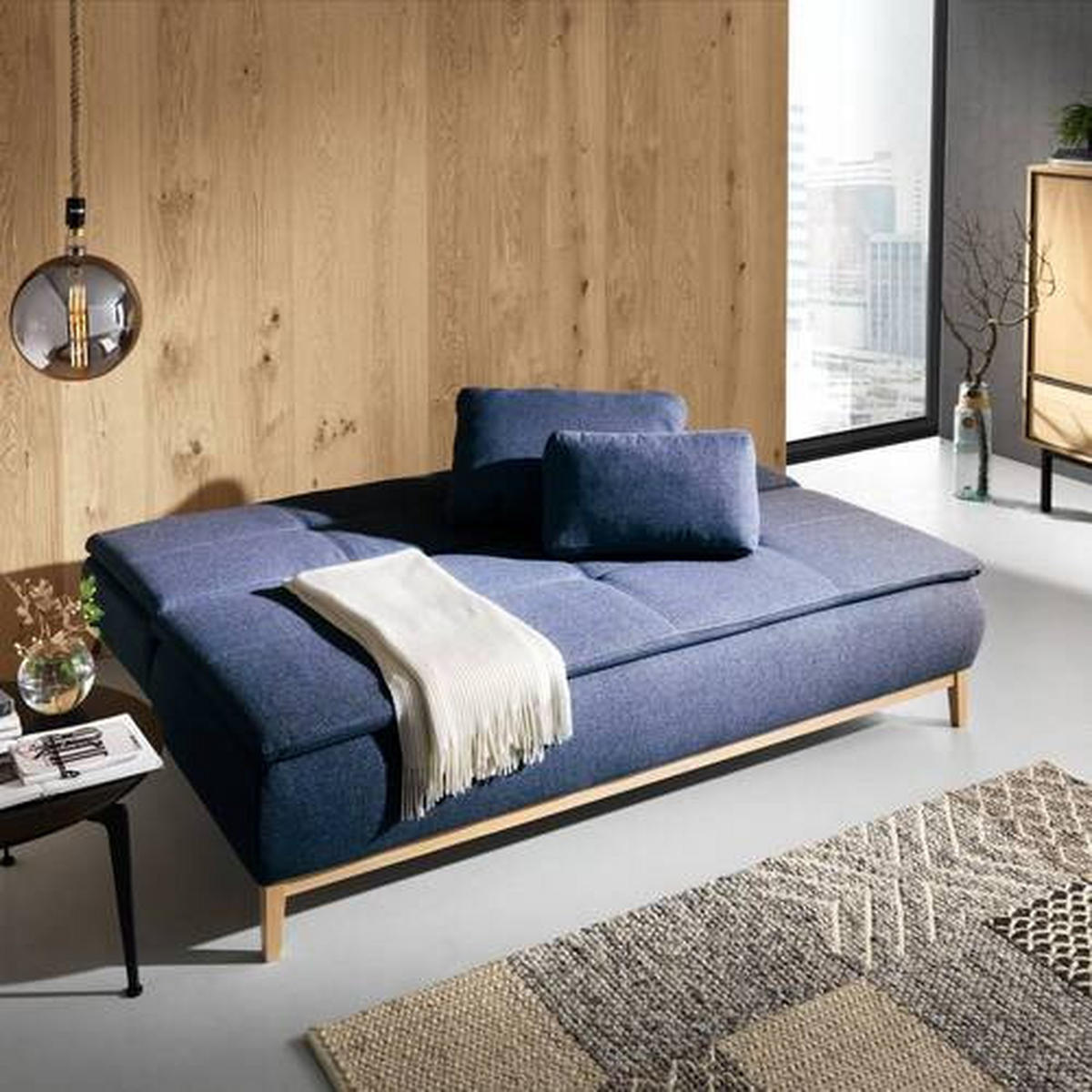 BOXSPRINGSOFA  mit Stoffauswahl, Schlafen auf Sitzhöhe Flachgewebe Dunkelblau  - Eichefarben/Beige, Design, Holz/Textil (202/78/93/100cm) - Carryhome