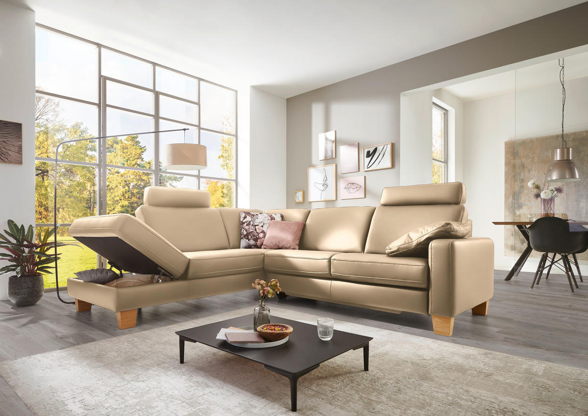 ECKSOFA in Echtleder Beige  - Eiche Bianco/Beige, Konventionell, Leder/Holz (235/257cm) - Valdera