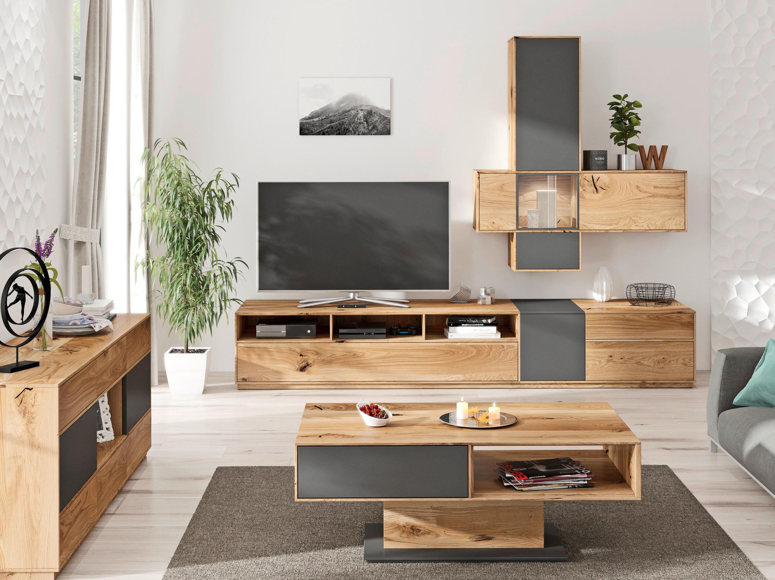 WOHNWAND in Anthrazit, Eichefarben 265/205/50 cm - Eichefarben/Anthrazit, Design, Glas/Holz (265/205/50cm) - Waldwelt