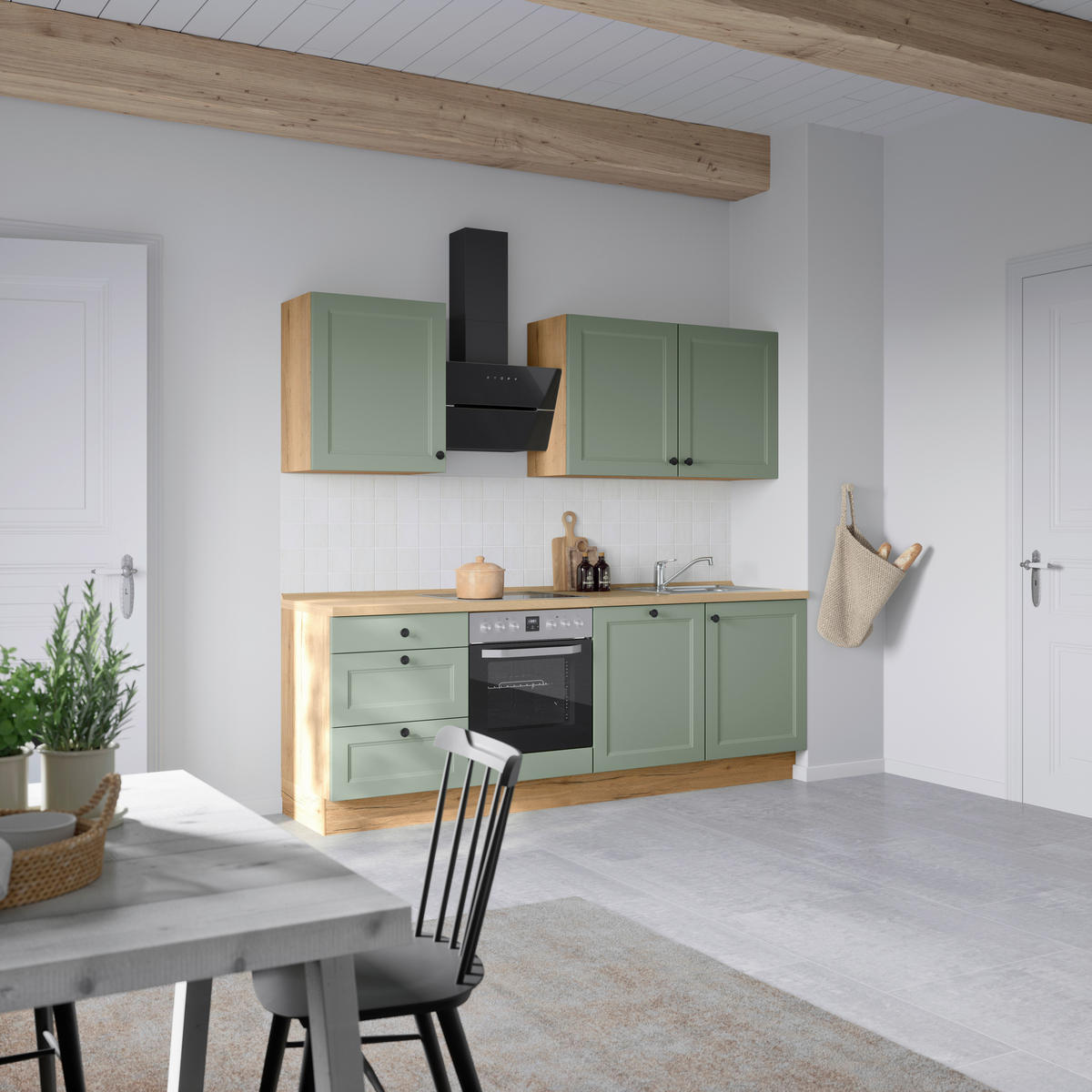KÜCHENLEERBLOCK 240 cm   in Grün, Eichefarben  - Eichefarben/Schwarz, MODERN, Holzwerkstoff/Metall (240cm) - Nobilia