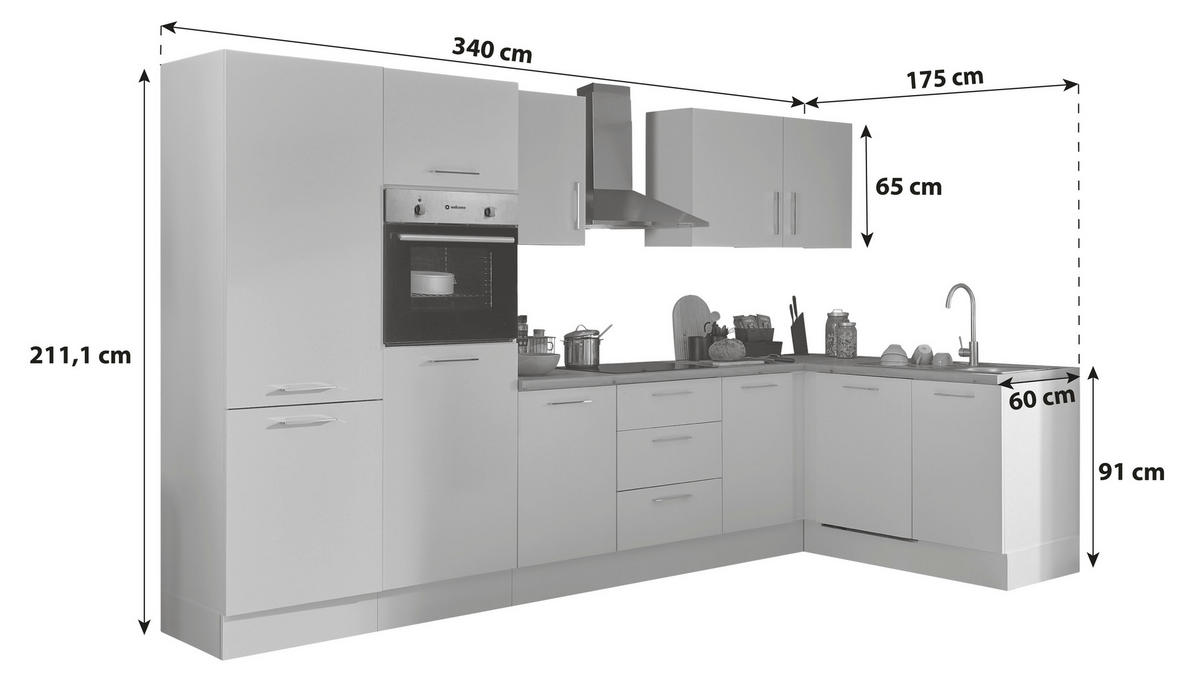 ECKKÜCHE 340/175 cm  in Schwarz, Eiche Artisan  - Schwarz/Eiche Artisan, Basics, Holzwerkstoff/Metall (340/175cm) - MID.YOU