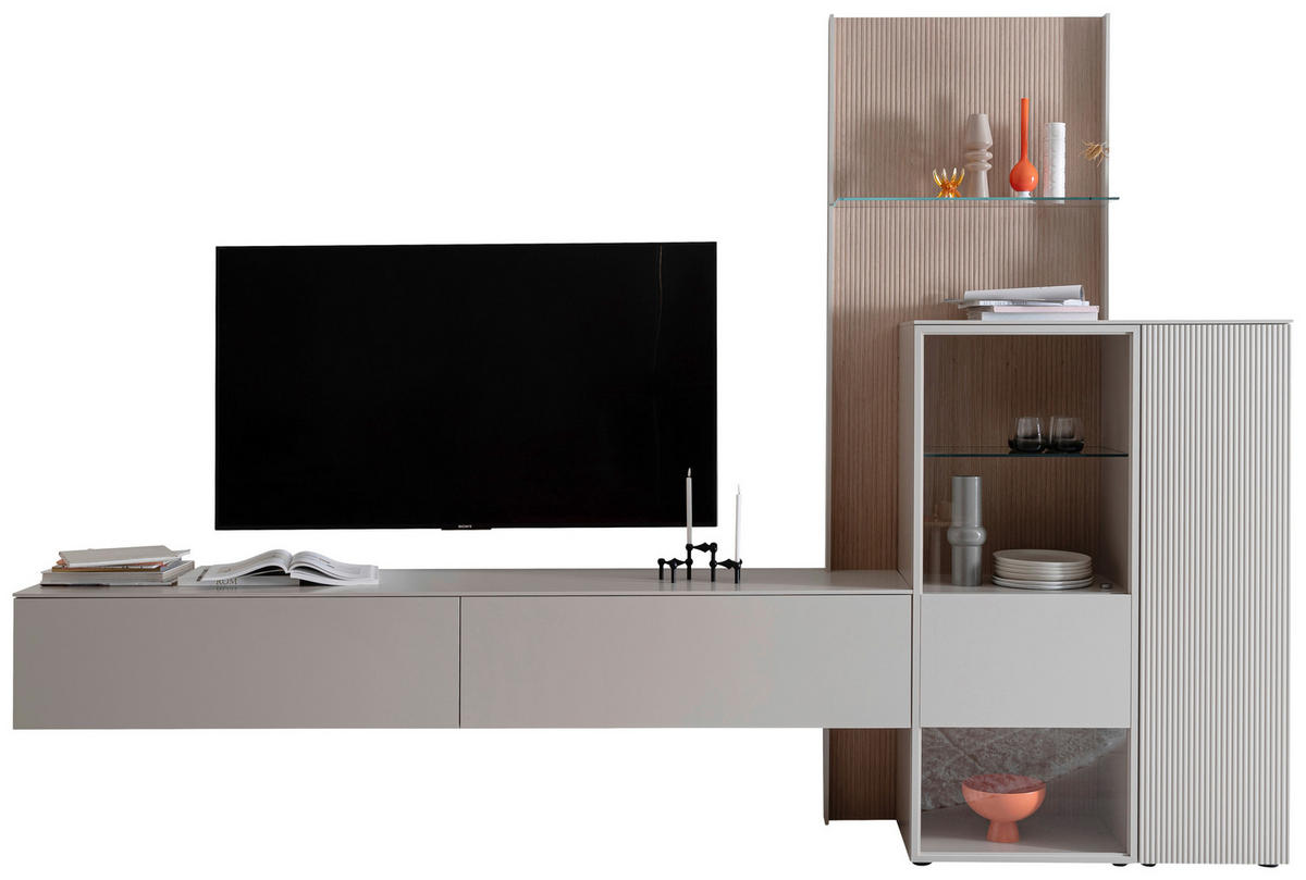 WOHNWAND  in Eichefarben, Kaschmir 340/234/45 cm  - Kaschmir/Eichefarben, Design, Glas/Holz (340/234/45cm) - Schöner Wohnen