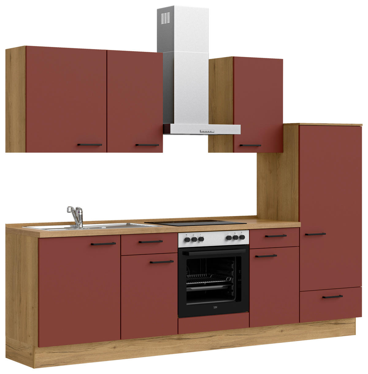 KÜCHENBLOCK Easytouch 270 cm  in Eichefarben, Dunkelrot  - Eichefarben/Schwarz, MODERN, Holzwerkstoff/Metall (270cm) - Nobilia