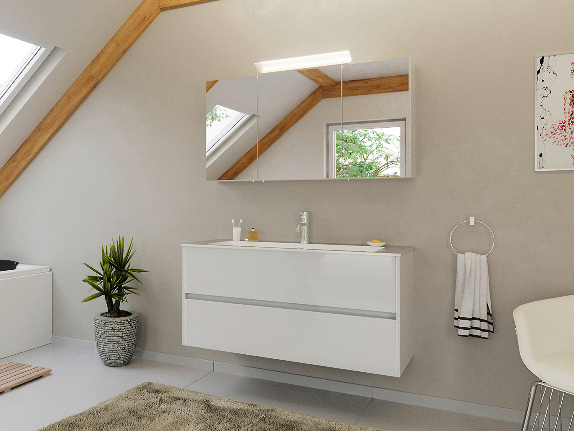 BADEZIMMER 2-teilig  in 120 cm  - Weiß Hochglanz/Weiß, Basics, Holzwerkstoff/Stein (120cm) - MID.YOU