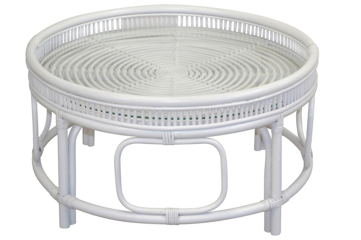 COUCHTISCH Rattan massiv Sicherheitsglas 75/75/41 cm rund Weiß  - Weiß, Design, Glas/Holz (75/75/41cm) - MID.YOU