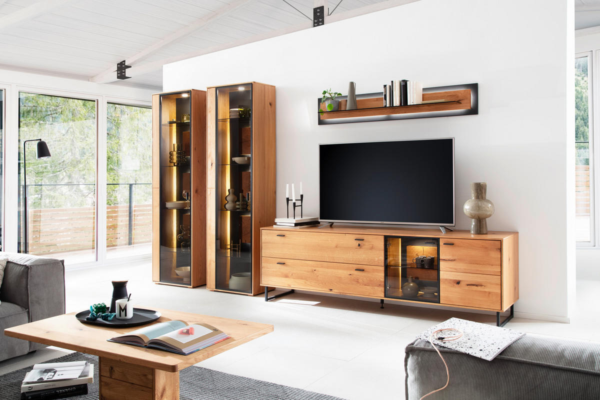 WOHNWAND  in Wildeiche 359/206/50 cm  - Wildeiche/Schwarz, Design, Glas/Holz (359/206/50cm) - MID.YOU