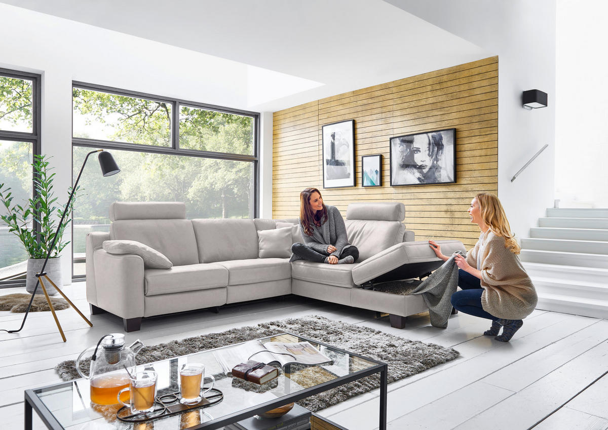 ECKSOFA in Echtleder Grau  - Eichefarben/Grau, Design, Leder/Holz (259/235cm) - Valdera