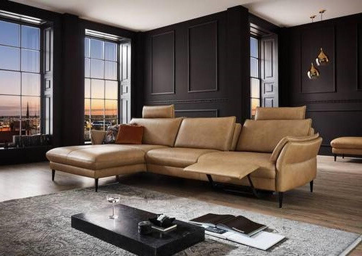 ECKSOFA in Echtleder Honig  - Schwarz/Honig, Design, Leder/Metall (172/334cm) - Hukla