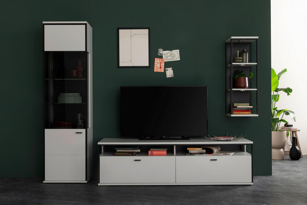 WOHNWAND  in Schwarz, Weiss 265/199/51 cm  - Weiss/Schwarz, Design, Glas/Holzwerkstoff (265/199/51cm) - Stylife