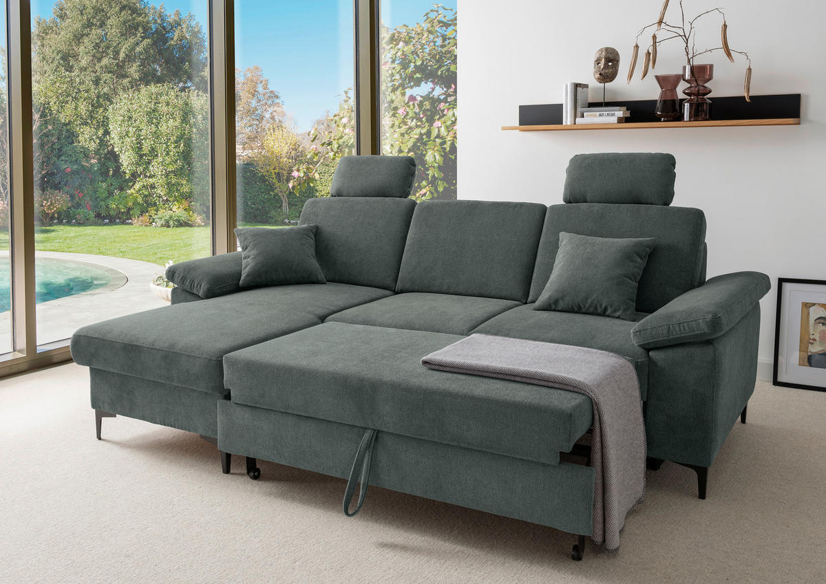 ECKSOFA Chenille Dunkelgrün  - Dunkelgrün/Schwarz, Konventionell, Textil/Metall (151/245cm) - Livetastic