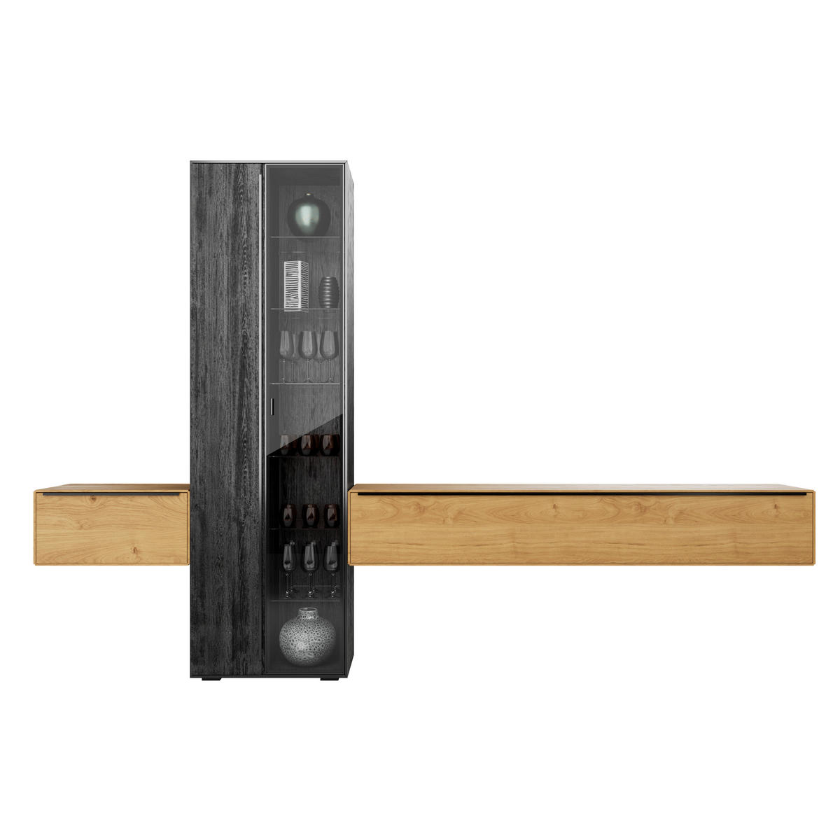 WOHNWAND  in Schwarz, Eichefarben 306/205,5/39,5 cm  - Eichefarben/Anthrazit, Natur, Glas/Holz (306/205,5/39,5cm) - Valnatura