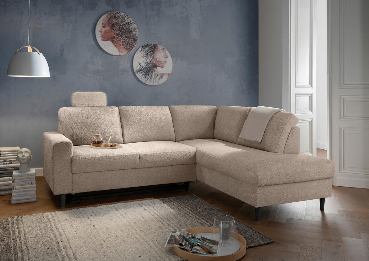 ECKSCHLAFSOFA Beige Bouclé  - Beige/Schwarz, MODERN, Holz/Textil (242/200cm) - Livetastic