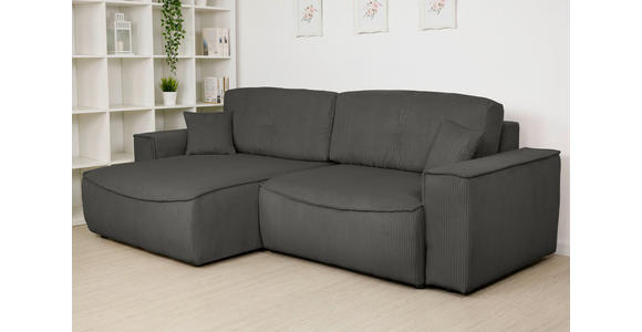 ECKSOFA Graphitfarben Cord  inkl. Zierkissen, Rückenkissen, Bettkasten, Schlaffunktion, Rücken echt, Liegefläche im Originalstoff  - Schwarz/Graphitfarben, KONVENTIONELL, Kunststoff/Textil (148/265cm) - Carryhome