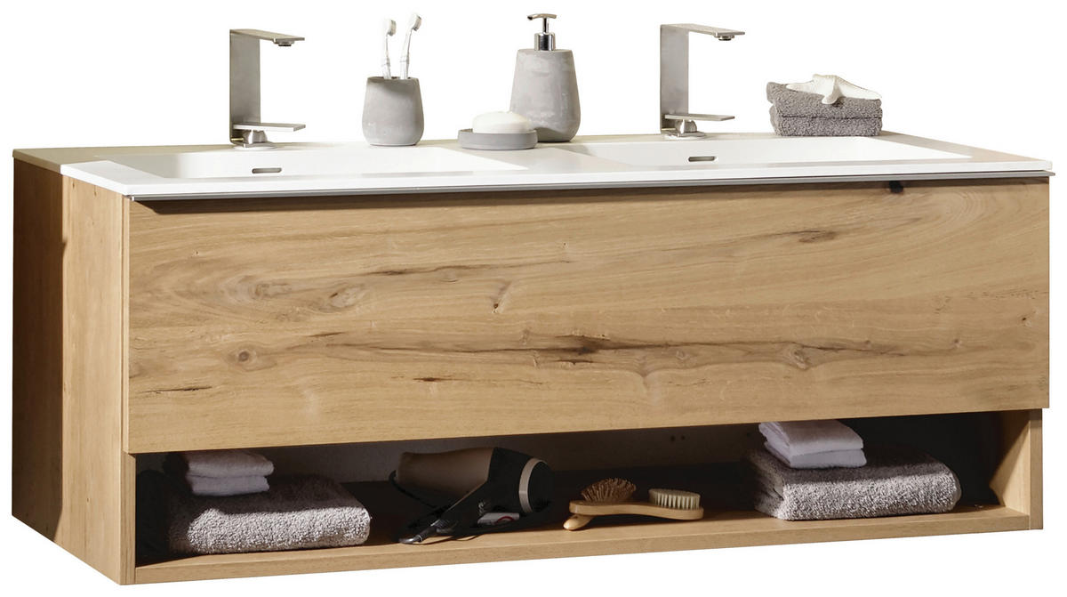 BADEZIMMER  in 128,4 cm  - Eichefarben/Weiß, Design, Glas/Holz (128,4cm) - Voglauer