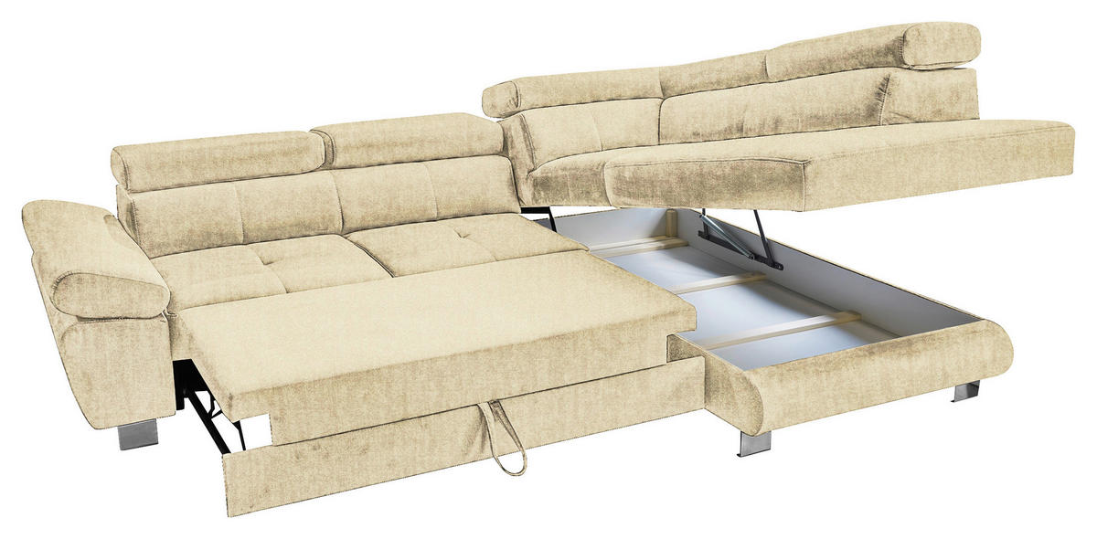 ECKSOFA Beige Webstoff Bettkasten, Schlaffunktion, Rücken echt, Armteilverstellung, Kopfteilverstellung  - Chromfarben/Beige, MODERN, Textil/Metall (278/205cm) - Stylife