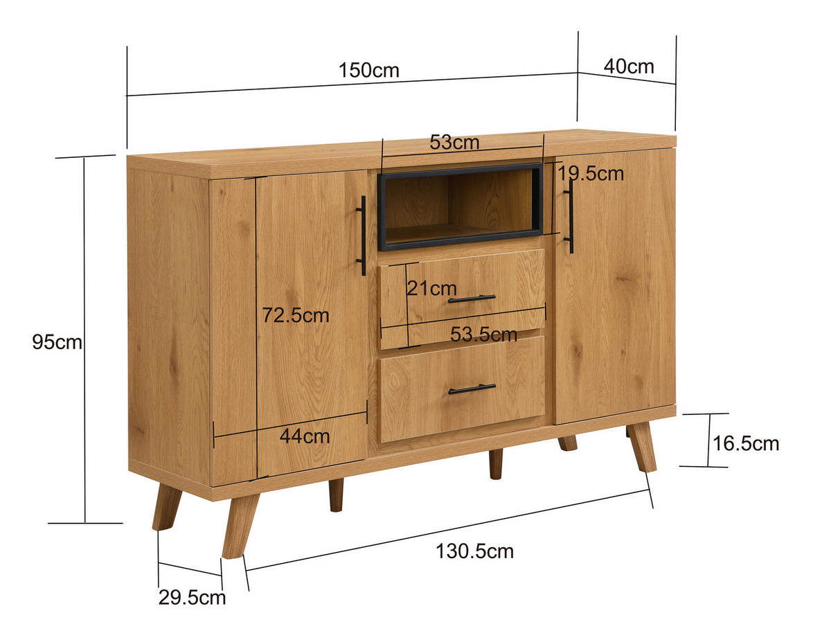 SIDEBOARD  150/95/40 cm  - Eichefarben/Schwarz, Design, Holz/Holzwerkstoff (150/95/40cm) - Livetastic
