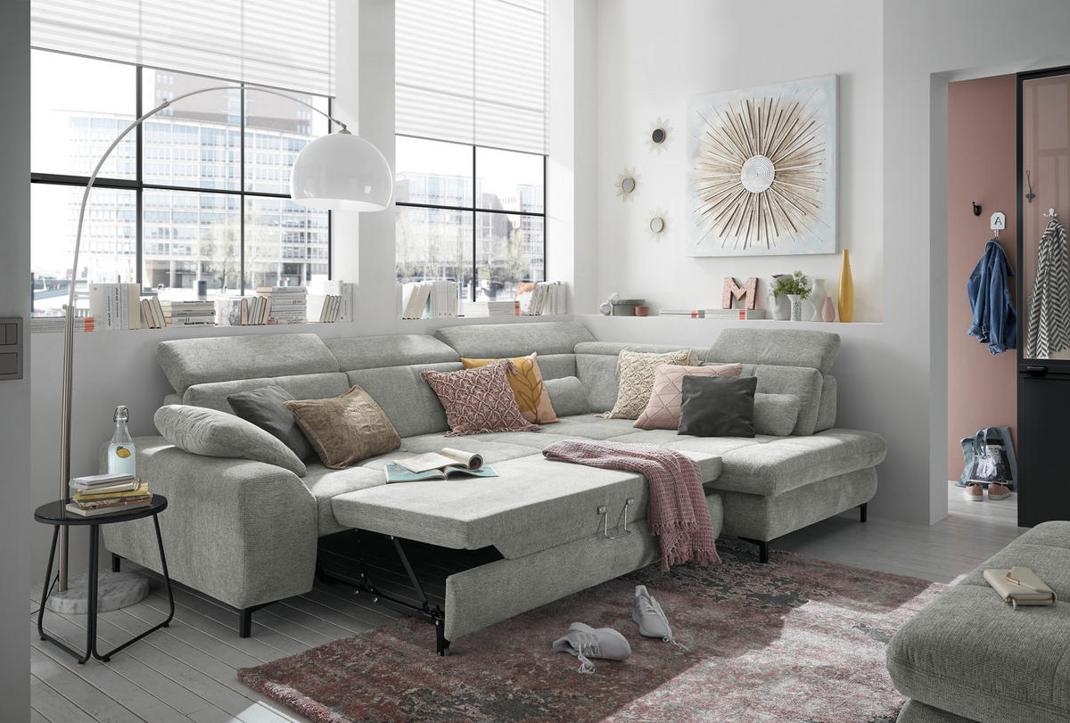 ECKSOFA Hellgrau Webstoff  - Hellgrau/Schwarz, KONVENTIONELL, Textil/Metall (314/220cm) - SetOne by Musterring