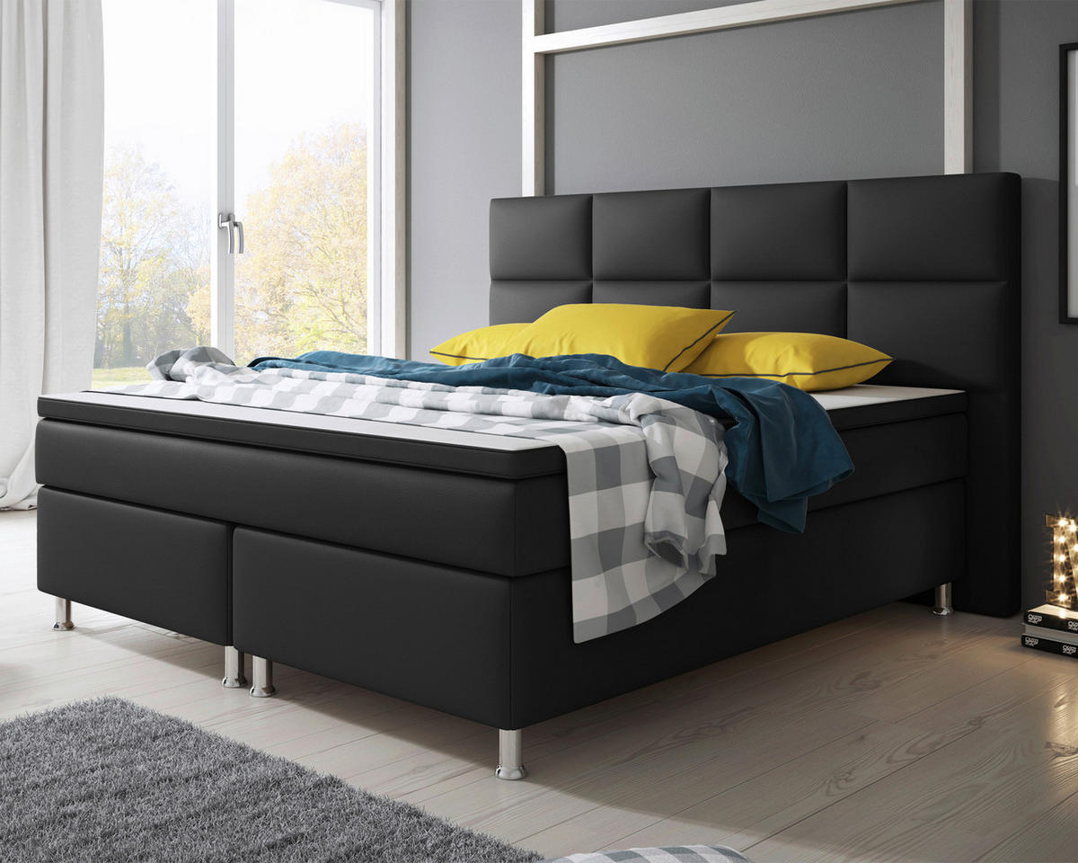 BOXSPRINGBETT 180/200 cm,  in Schwarz, Matratze, gepolstertes Kopfteil, Topper, Matratzen, H3 + H3 = fest  - Silberfarben/Schwarz, KONVENTIONELL, Leder/Textil (180/200cm) - MID.YOU