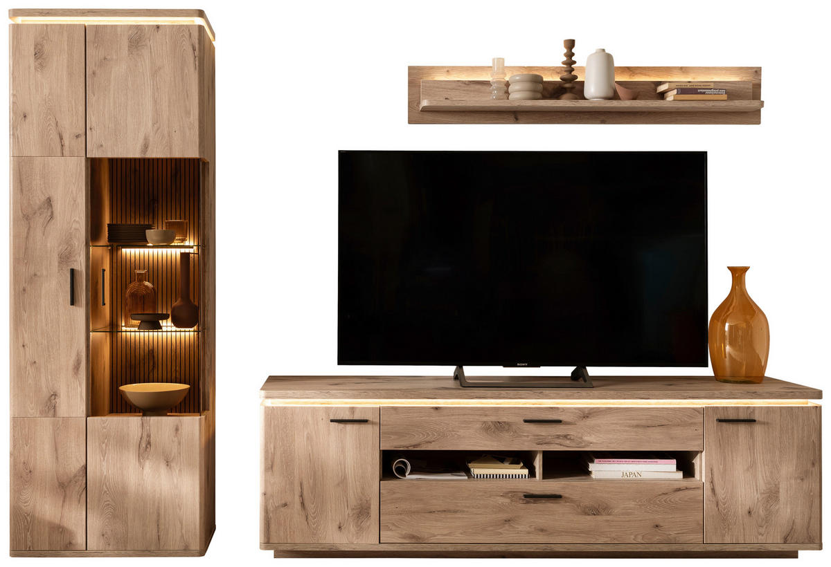 WOHNWAND 3-teilig  in Eichefarben  295/208/50 cm  - Eichefarben/Anthrazit, KONVENTIONELL, Glas/Holzwerkstoff (295/208/50cm) - Cantus