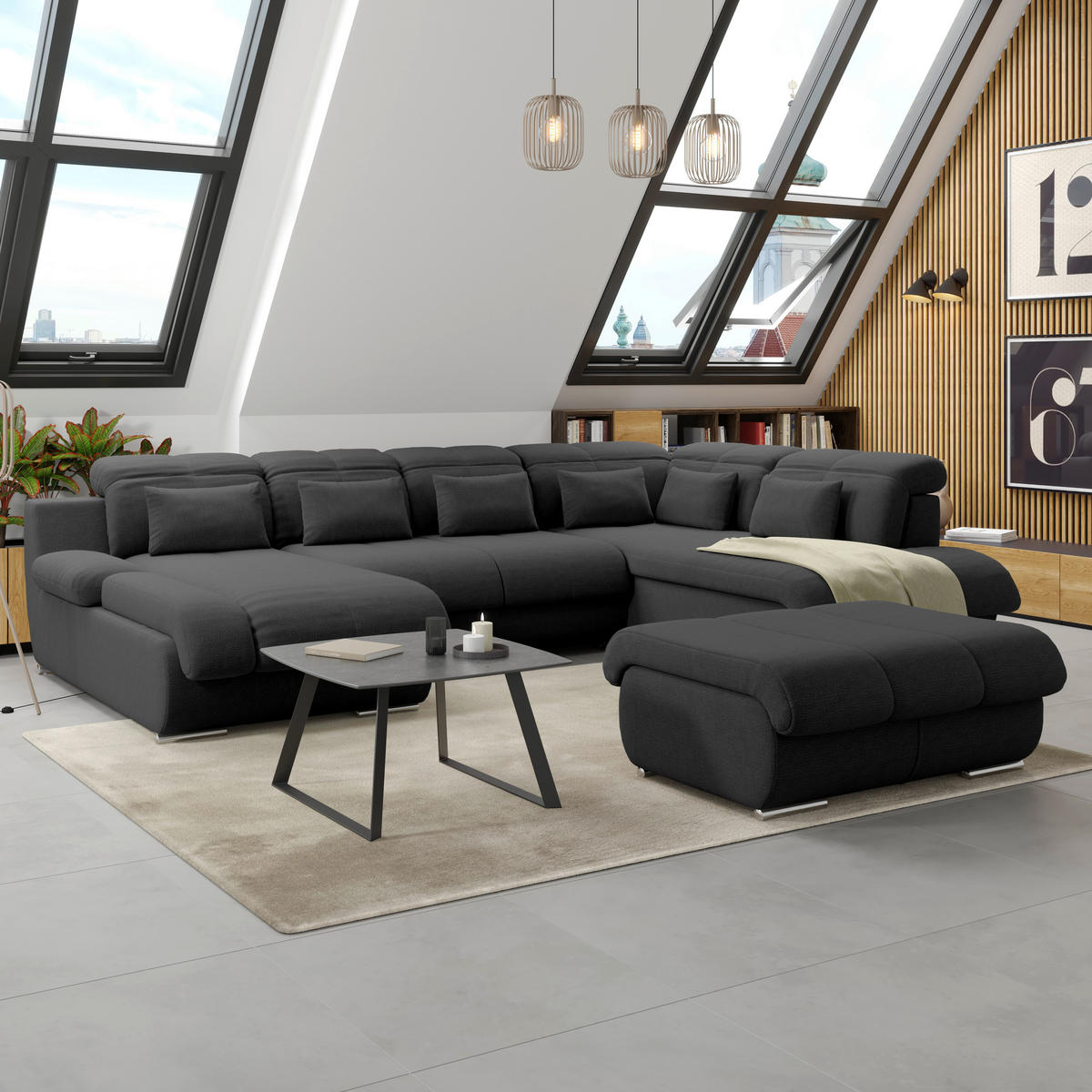 HOCKER Textil Schwarz  - Chromfarben/Schwarz, Modern, Textil/Metall (100/43/80cm) - Livetastic