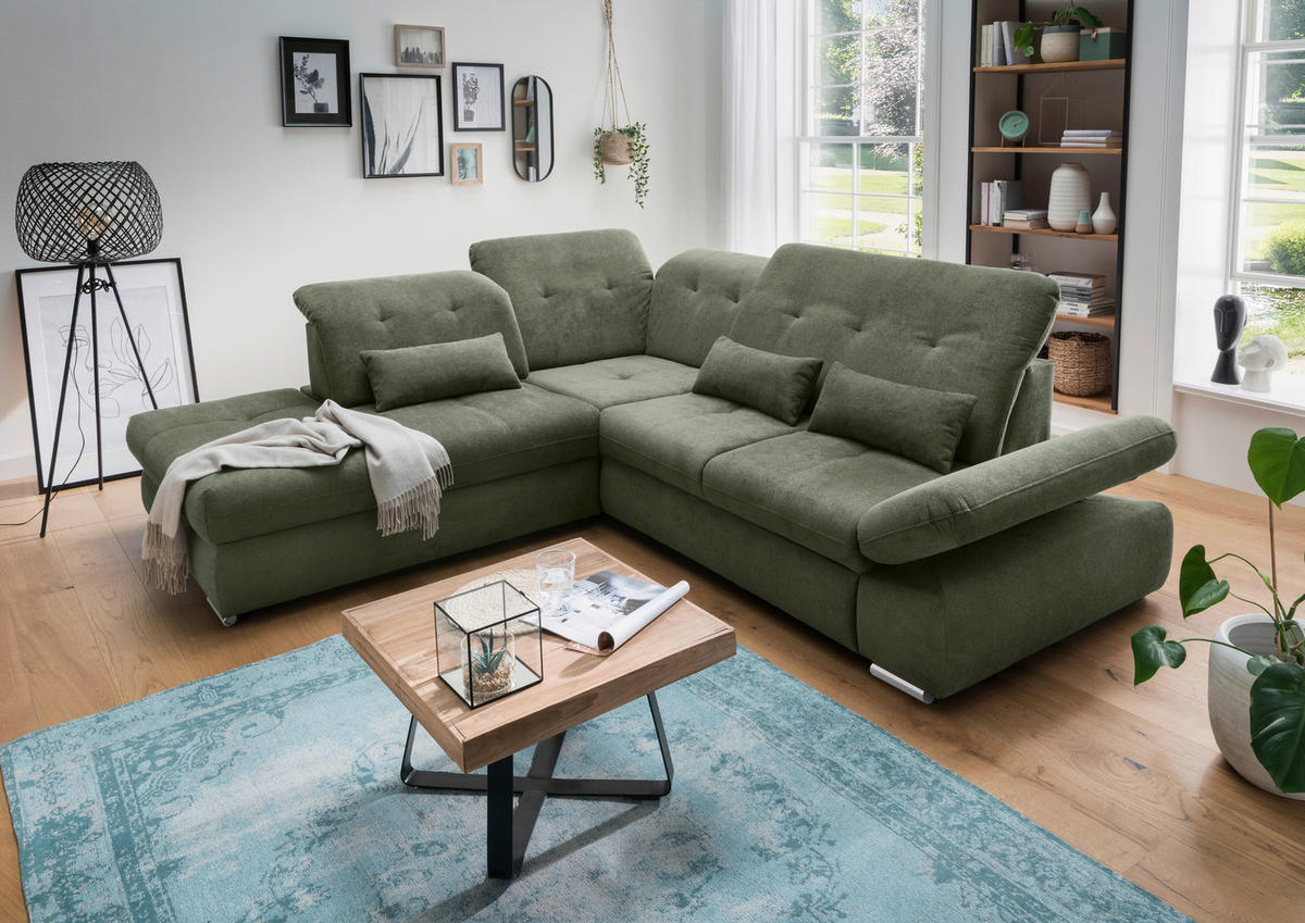 ECKSOFA in Chenille Dunkelgrün  - Chromfarben/Dunkelgrün, Modern, Textil/Metall (254/280cm) - Livetastic