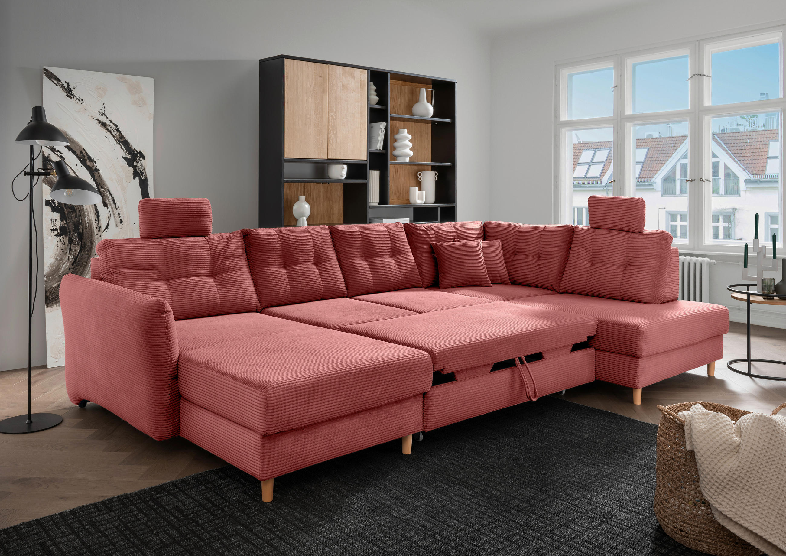 WOHNLANDSCHAFT in Cord Koralle - Koralle/Naturfarben, Modern, Holz/Textil (176/338-352/206cm) - Livetastic