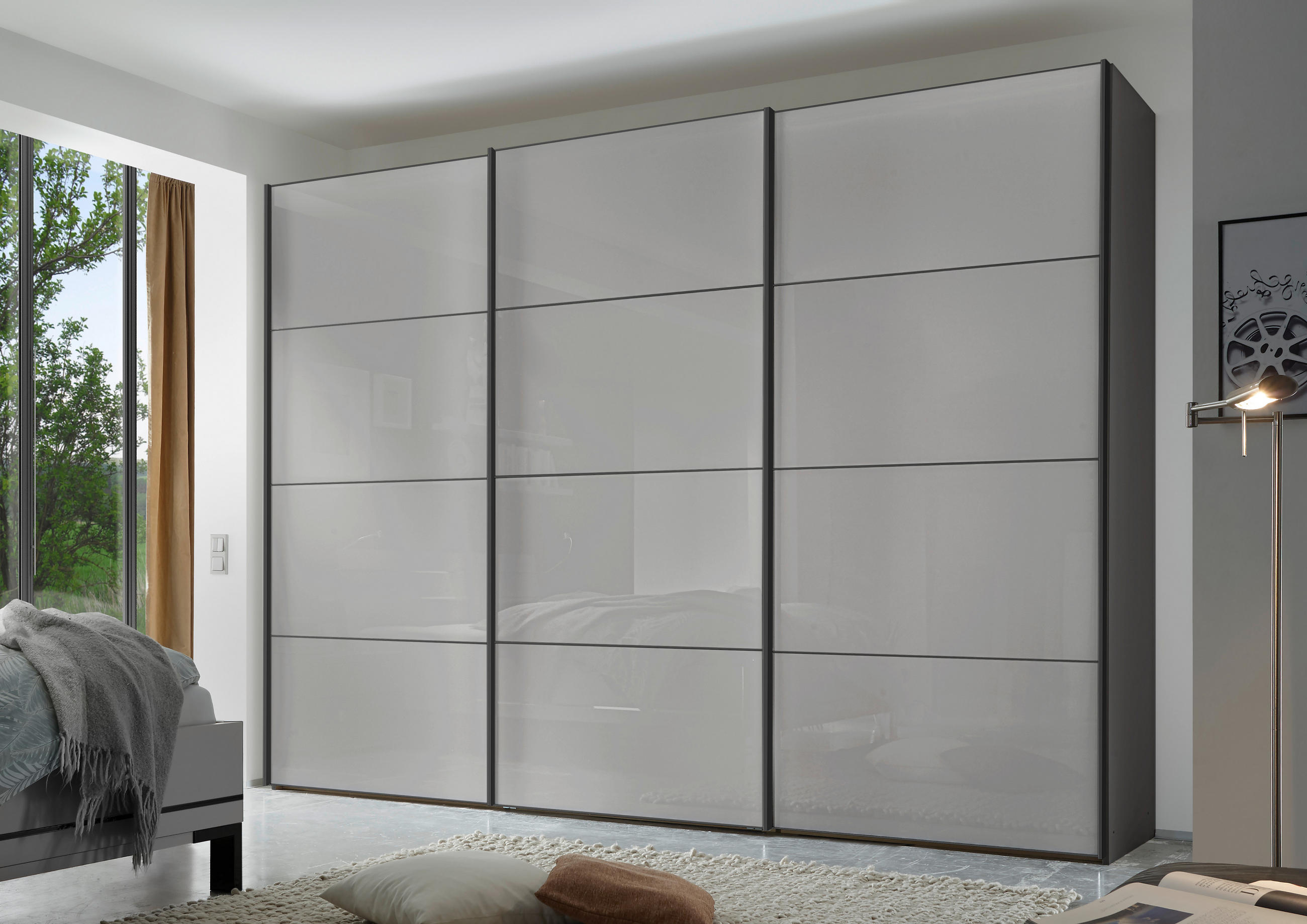 SCHWEBETÜRENSCHRANK 280/222/68 cm 3-türig Anthrazit, Hellgrau  - Anthrazit/Hellgrau, Design, Glas/Holzwerkstoff (280/222/68cm) - Moderano