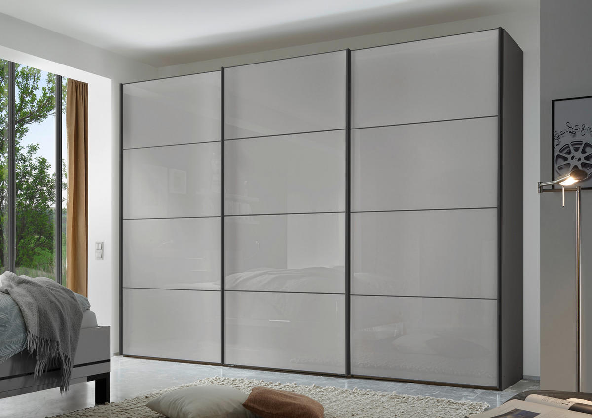 SCHWEBETÜRENSCHRANK 280/222/68 cm 3-türig Anthrazit, Hellgrau  - Anthrazit/Hellgrau, Design, Glas/Holzwerkstoff (280/222/68cm) - Moderano