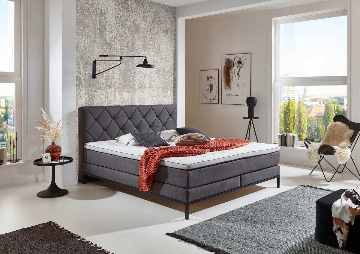 BOXSPRINGBETT 180/200 cm  in Anthrazit  - Anthrazit/Schwarz, Konventionell, Textil/Metall (180/200cm) - Carryhome