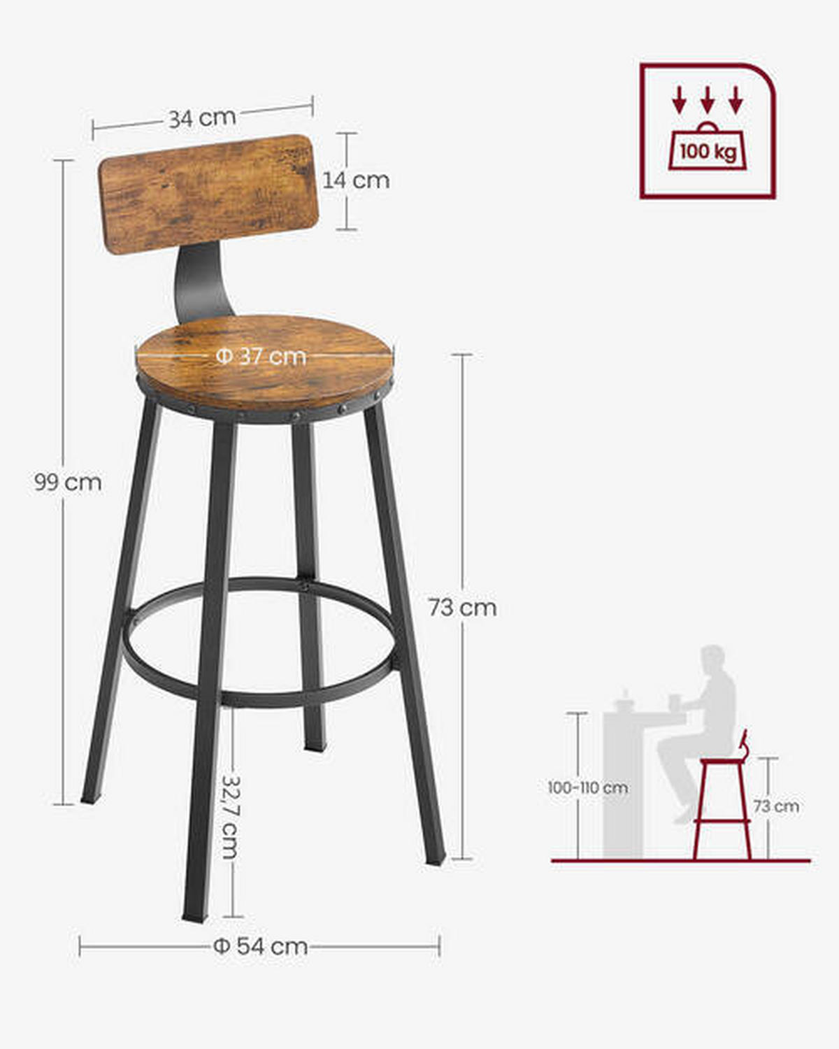 BARHOCKER-SET in Braun, Schwarz  - Schwarz/Braun, Natur, Holzwerkstoff/Metall (54/99/54cm) - Boxxx