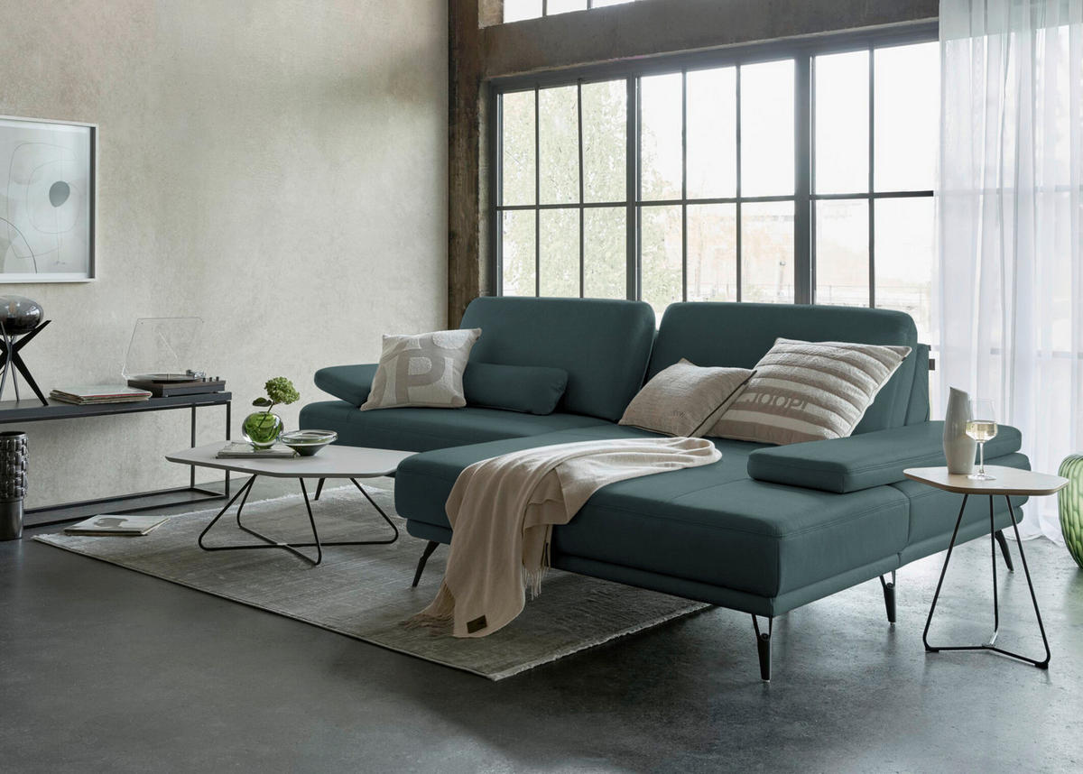 ECKSOFA Echtleder Graublau  - Graublau/Schwarz, Konventionell, Leder/Metall (301/180cm) - Joop!