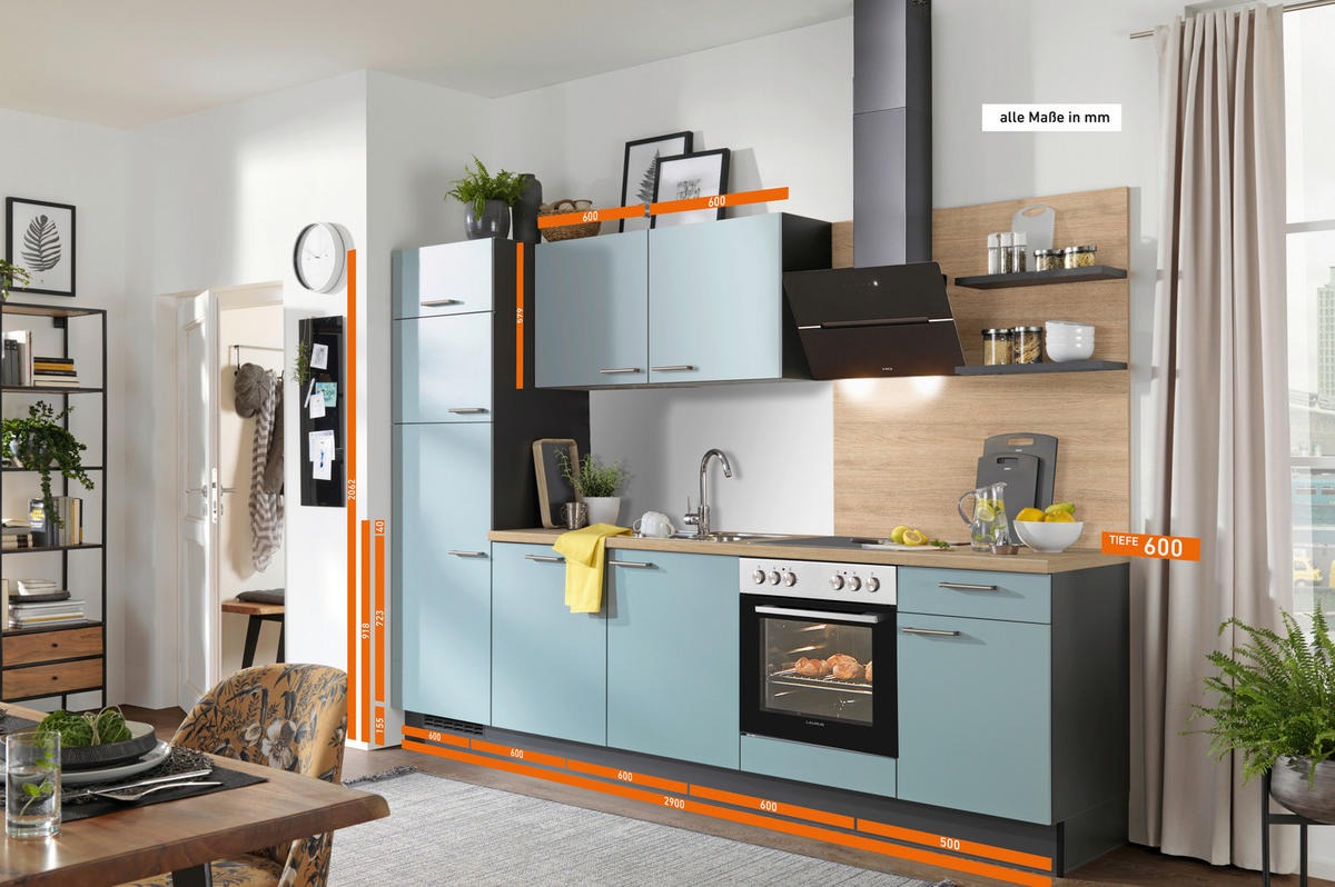 KÜCHENBLOCK 290 cm   in Graphitfarben, Eichefarben, Hellgrün  - Edelstahlfarben/Eichefarben, Design, Holzwerkstoff/Metall (290cm) - Xora