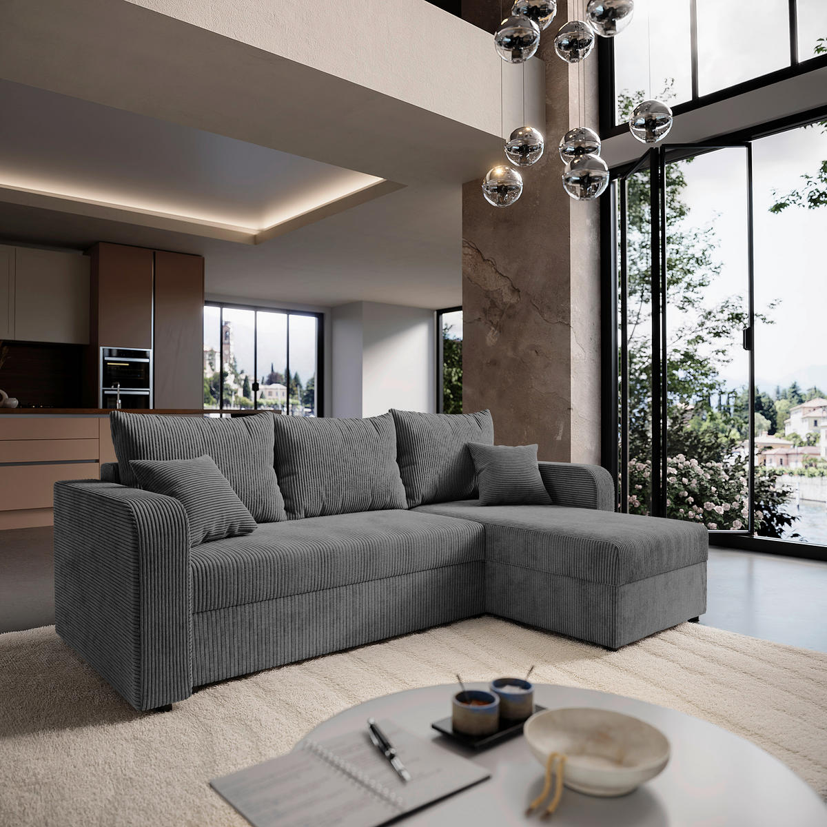 ECKSOFA Dunkelgrau Cord  - Dunkelgrau/Schwarz, KONVENTIONELL, Kunststoff/Textil (140/240cm) - Carryhome