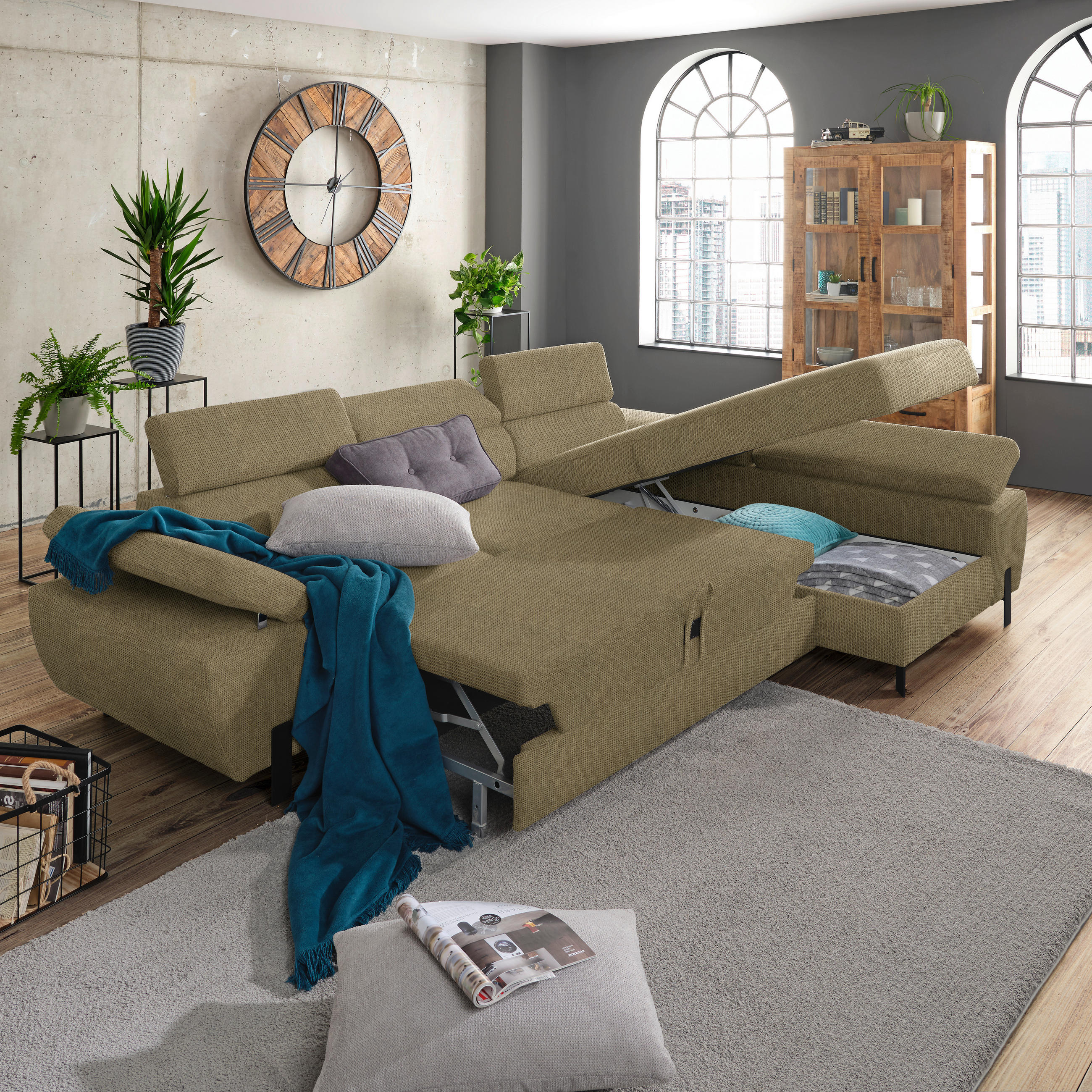 HÖRNSOFFA i vävt tyg olivgrön  - olivgrön/svart, Modern, metall/trämaterial (277/90/189cm) - MID.YOU