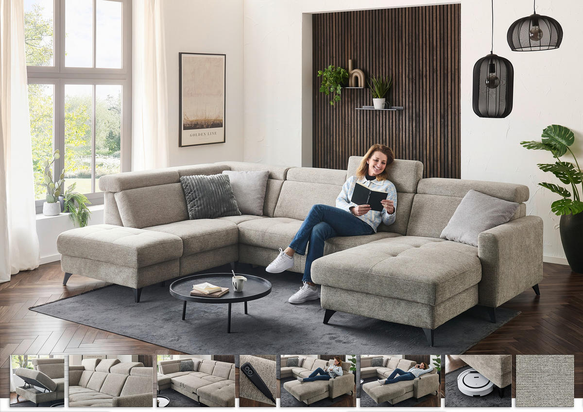 WOHNLANDSCHAFT Beldomo System Graubraun Flachgewebe  - Graubraun/Schwarz, KONVENTIONELL, Textil/Metall (215/333/174cm) - Beldomo System