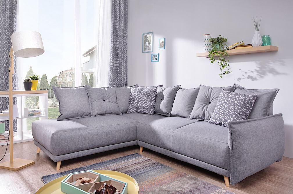 ECKSCHLAFSOFA Hellgrau Webstoff - Hellgrau/Kieferfarben, Basics, Holz/Textil (190/235cm) - MID.YOU