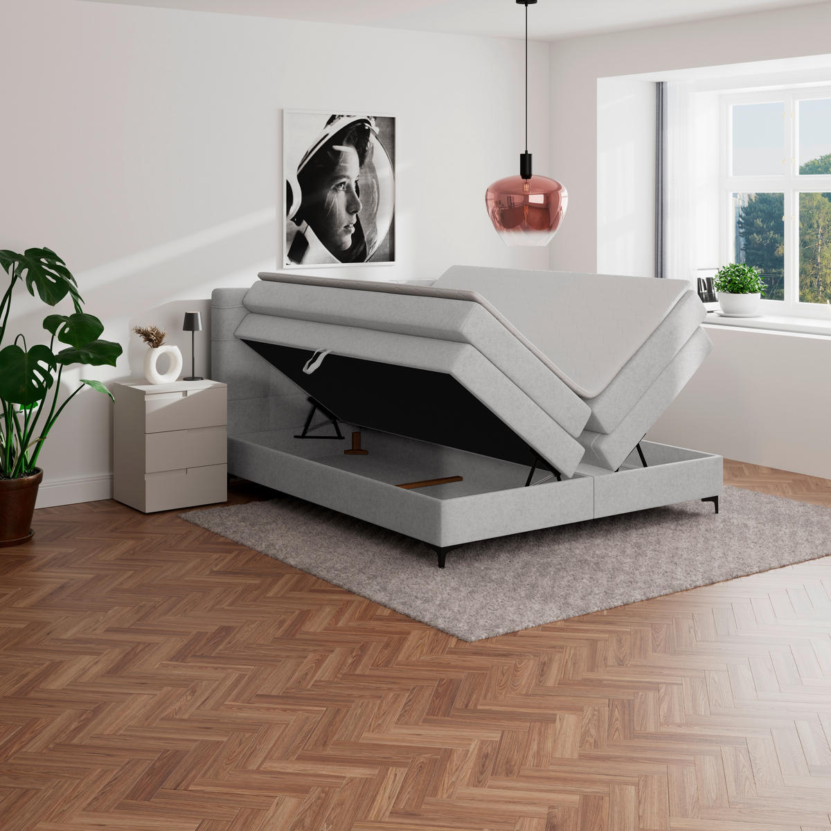 BOXSPRINGBETT 200/200 cm,  in Silberfarben, H3 = fest  - Silberfarben/Schwarz, KONVENTIONELL, Kunststoff/Textil (200/200cm)