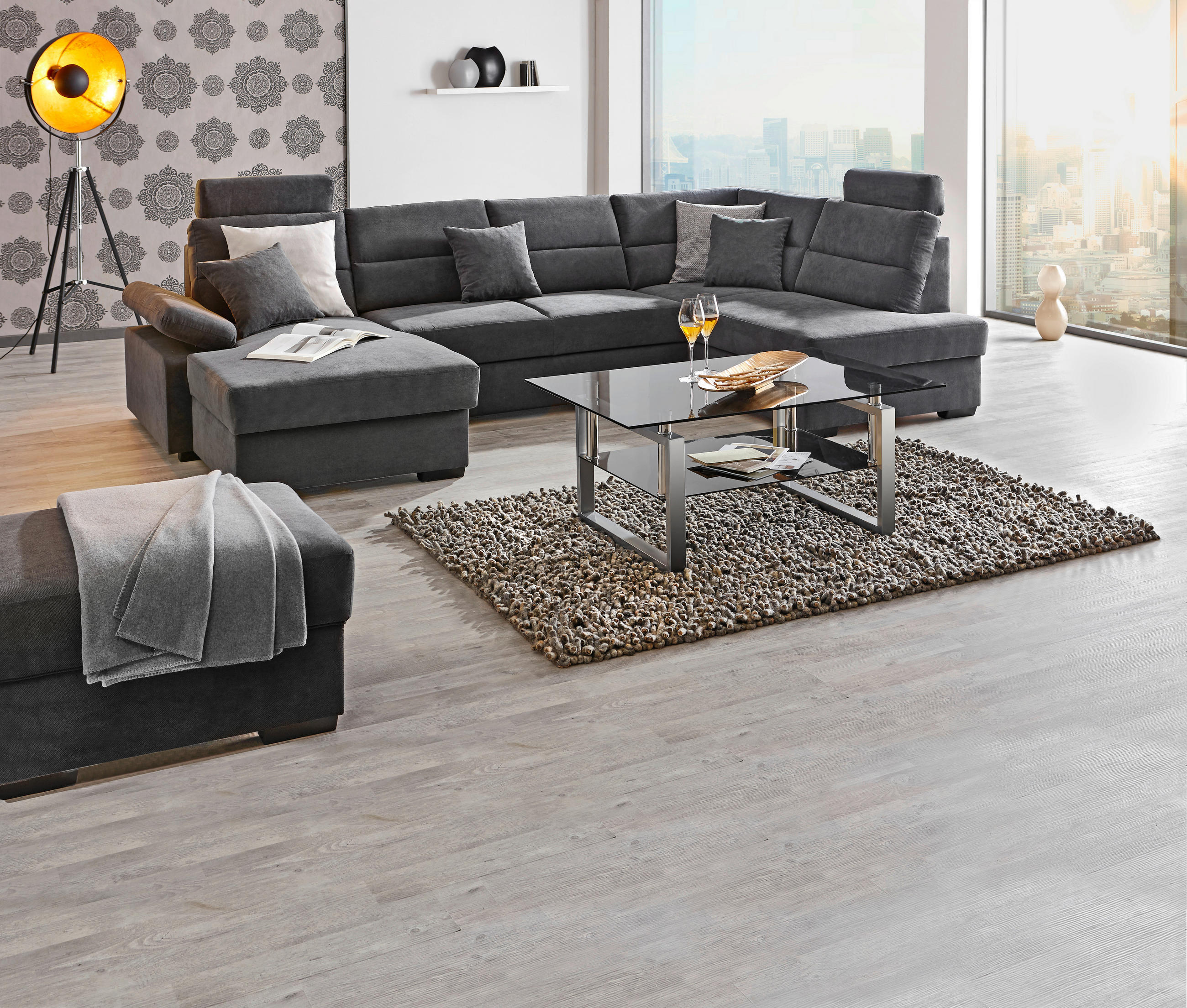 Thumbnail - Cantus Wohnlandschaft, Schwarz, Textil, 6-Sitzer, Ottomane links, U-Form, 319x183 cm, Typenauswahl, Stoffauswahl, seiten...