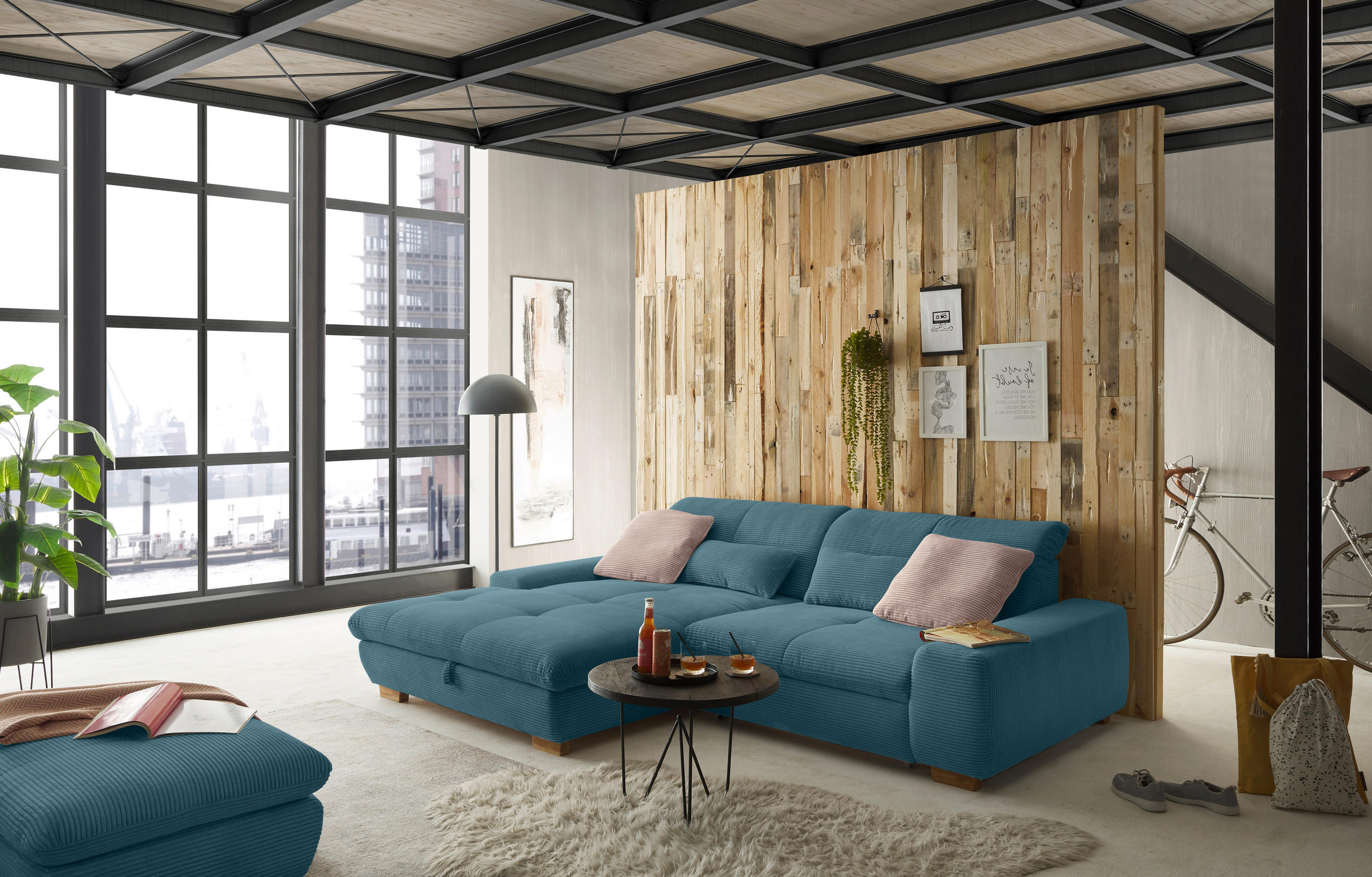 ECKSOFA Blau Cord  - Blau/Eichefarben, Design, Holz/Textil (198/276cm) - SetOne by Musterring