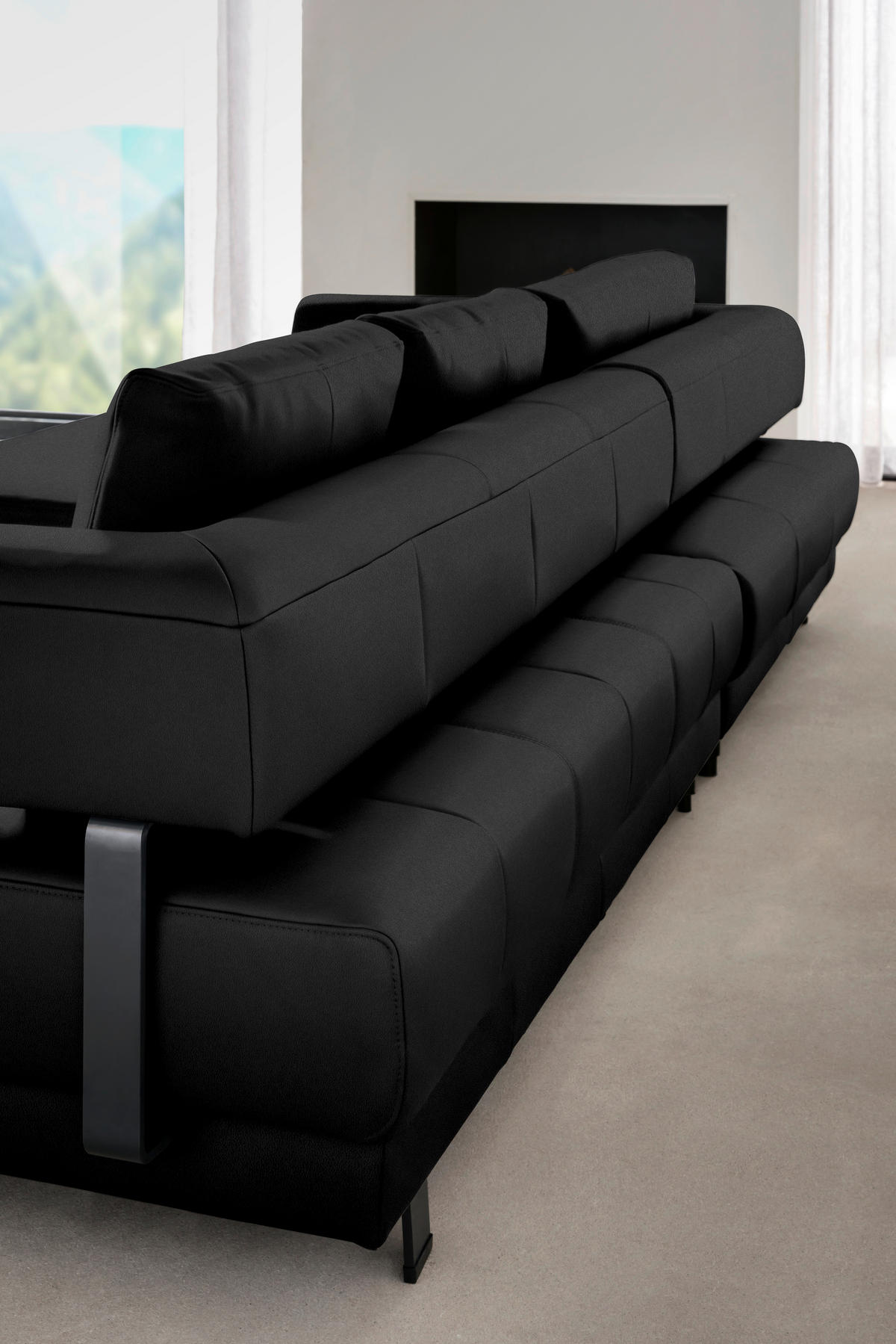 ECKSOFA in Echtleder Schwarz  - Schwarz, Design, Leder/Metall (188/307cm)