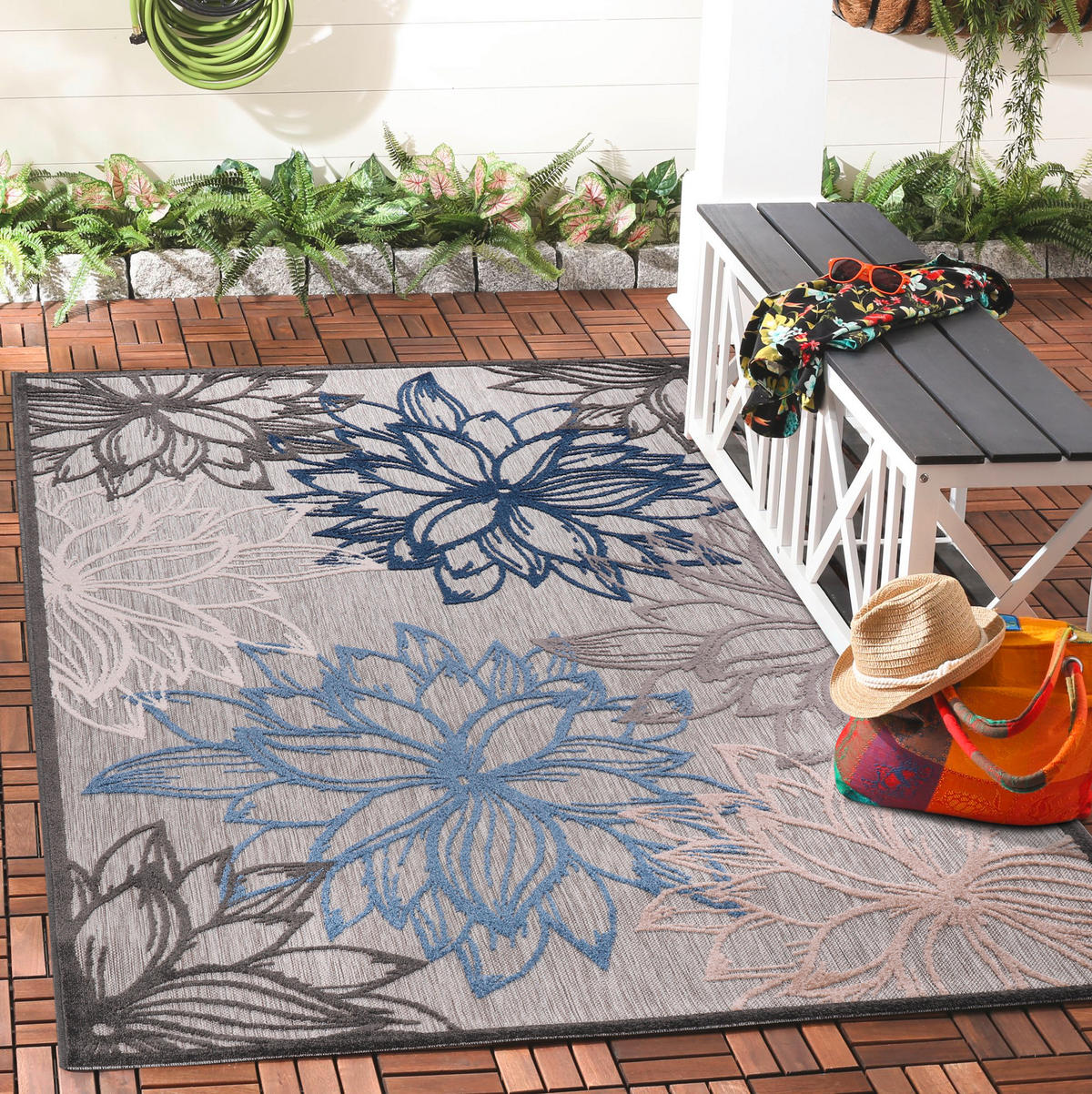 TEPIH ZA UNUTAR./VANJ. UPORAB 160/230 cm   plava, siva, bijela  Floral  - bijela/siva, Lifestyle, tekstil/plastika (160/230cm)