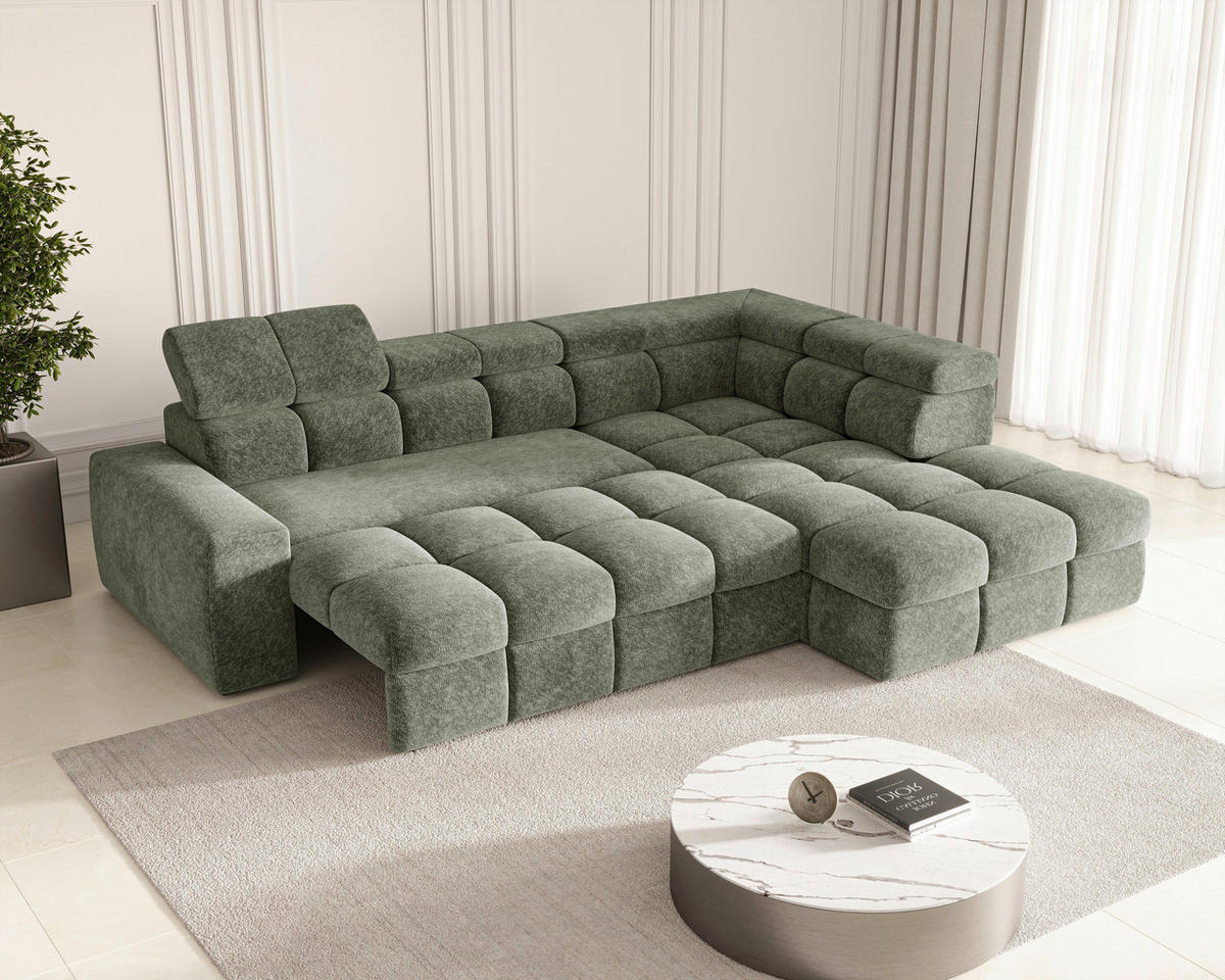 ECKSOFA  in Chenille Dunkelgrün  - Dunkelgrün/Schwarz, MODERN, Kunststoff/Textil (292/204cm) - Milino