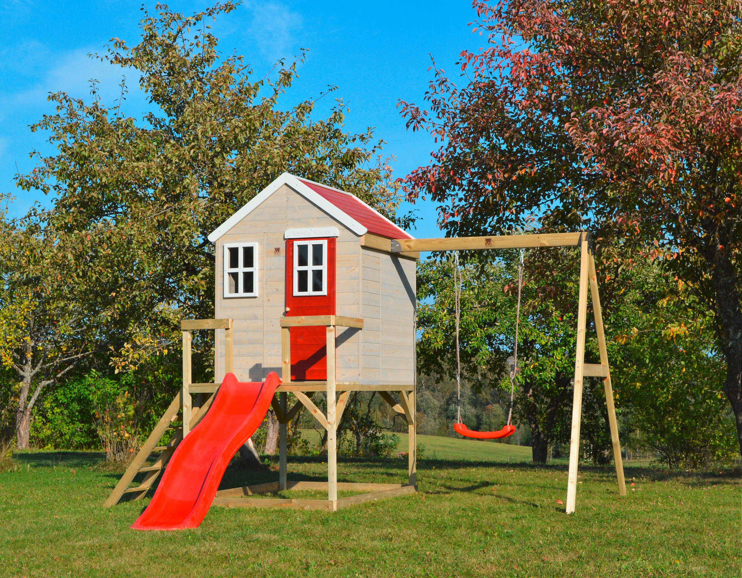 SPIELHAUS 350/242/290 cm  - Rot/Naturfarben, KONVENTIONELL, Holz (350/242/290cm)