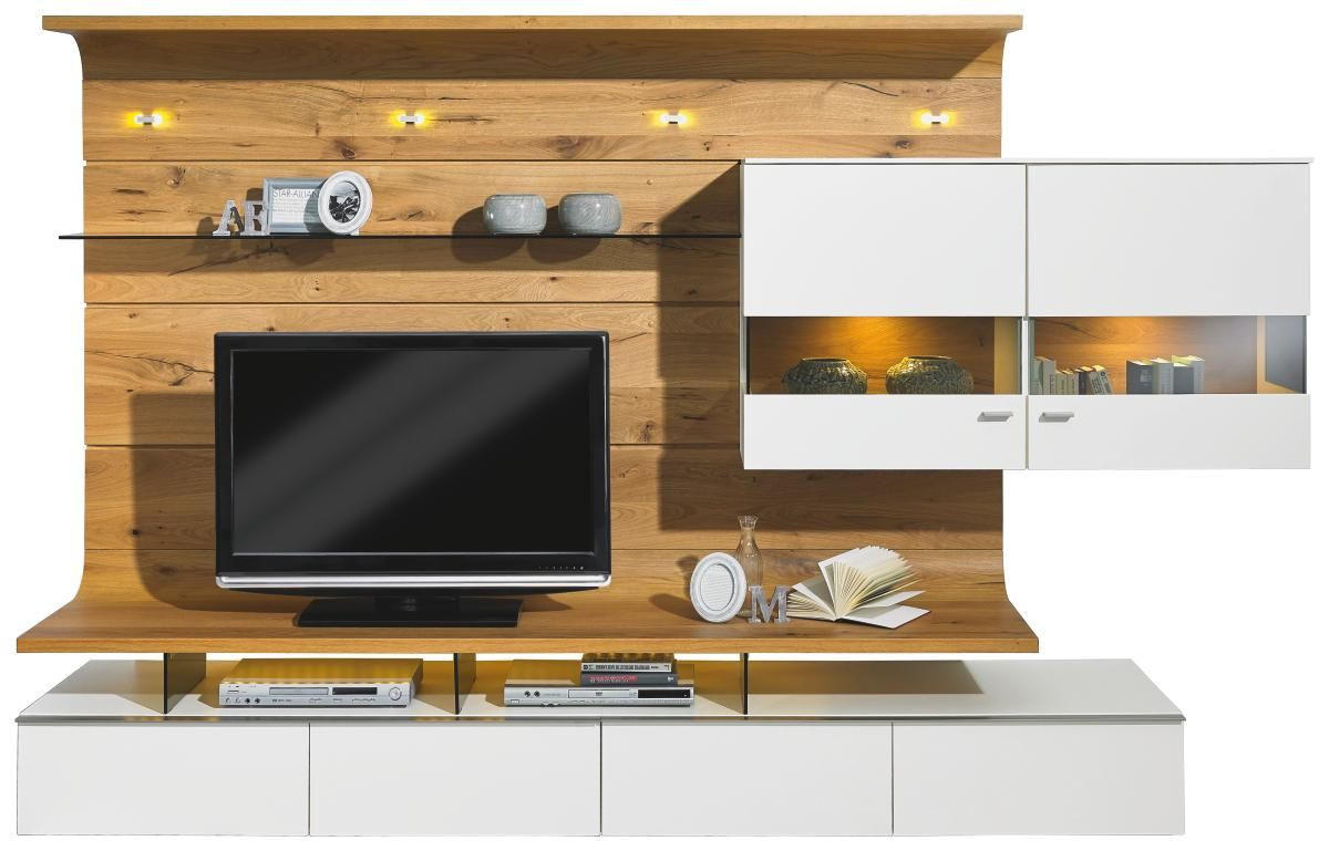 WOHNWAND Eiche furniert Weiß, Eichefarben Befestigungsmaterial - Eichefarben/Weiß, Design, Glas/Holz (292,5/186,8/41,2-55,7cm) - Moderano